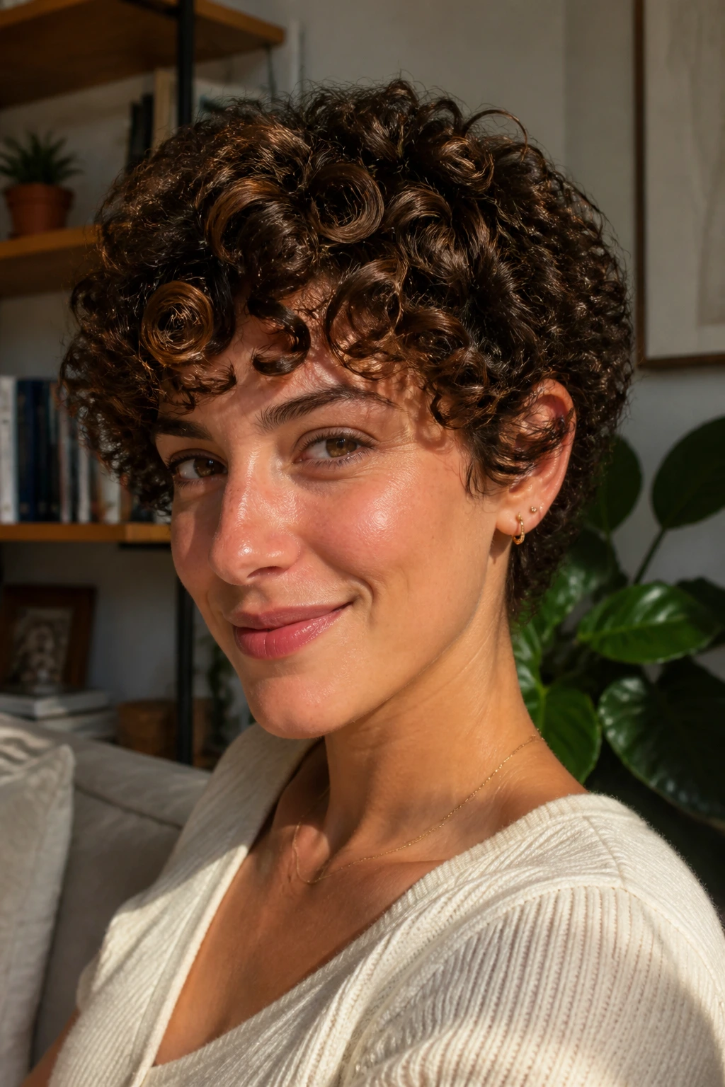 Close-up of a real woman's short curls with sunlit chestnut highlights