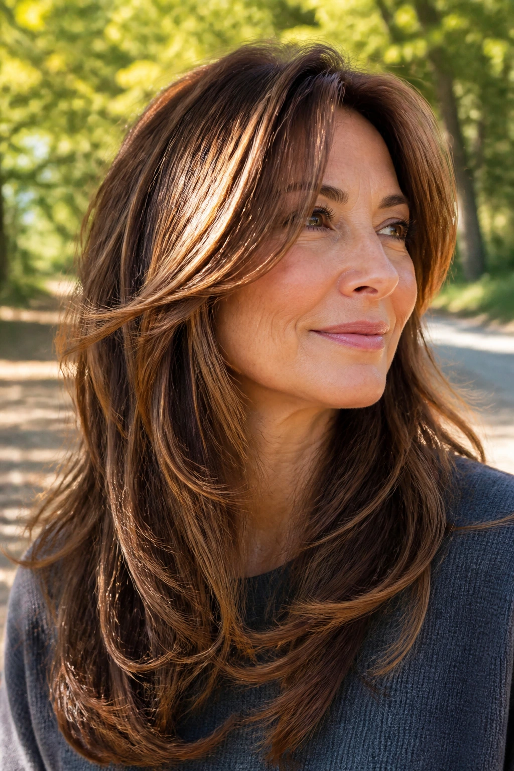 Real woman with Sunlit Chestnut Layers catching sunlight on layers