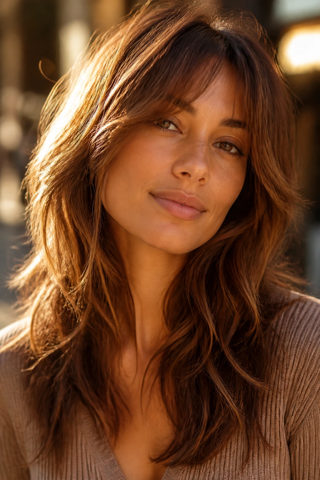 Close-up portrait of a real woman with sunlit chestnut shag
