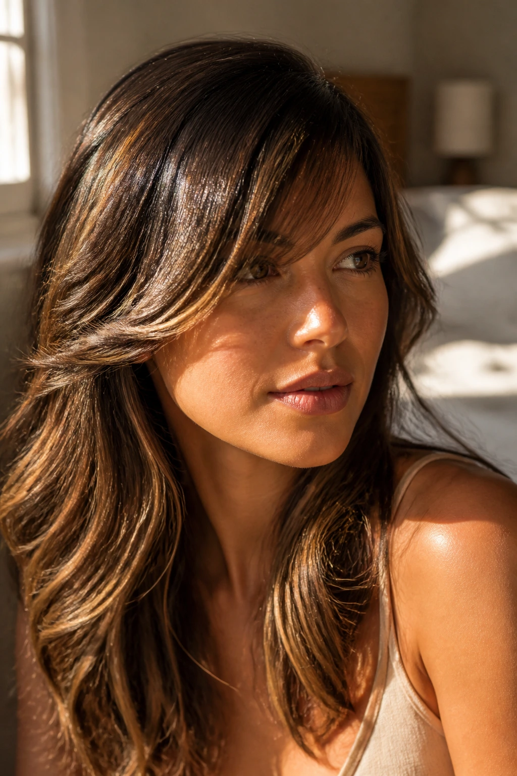 Close-up portrait of a real woman with sunlit chestnut hair slices and side-swept bangs in warm natural light