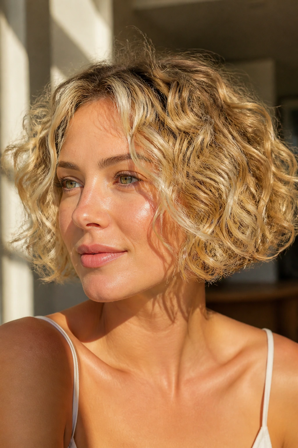 Sunlit chin-length blonde curly bob highlighting cheekbone layers