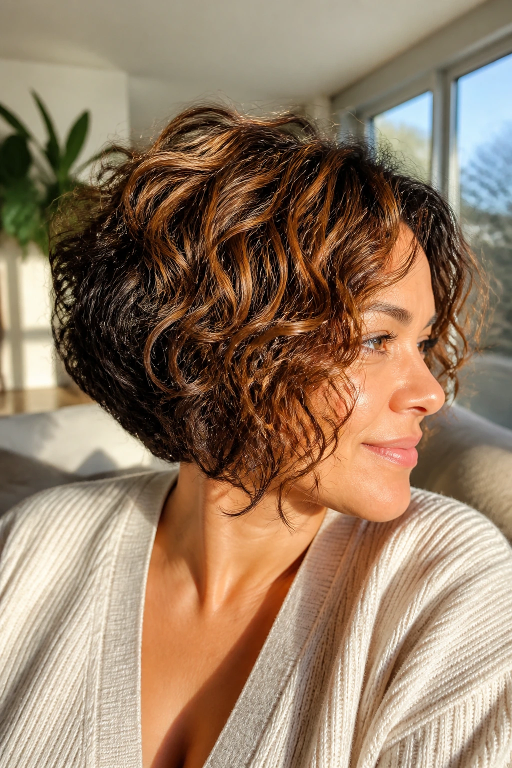 Close-up of a real woman with sunlit cinnamon stack hairstyle