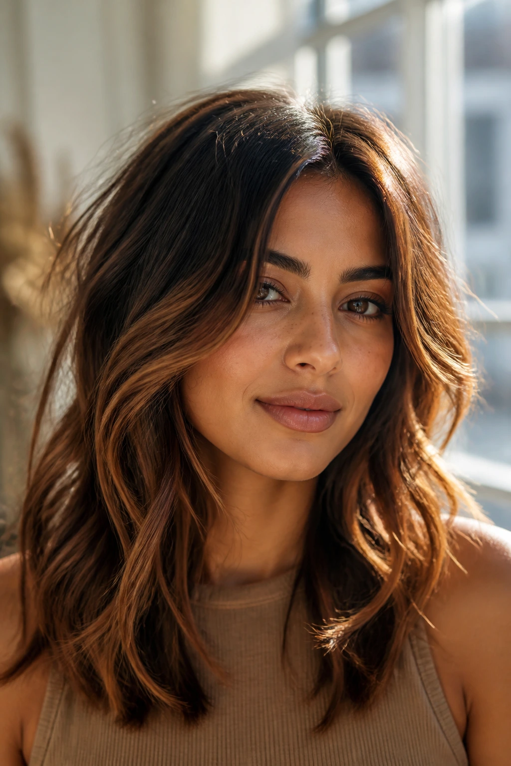 Close-up of a woman with sunlit cinnamon layers in wavy brunette hair against warm natural light