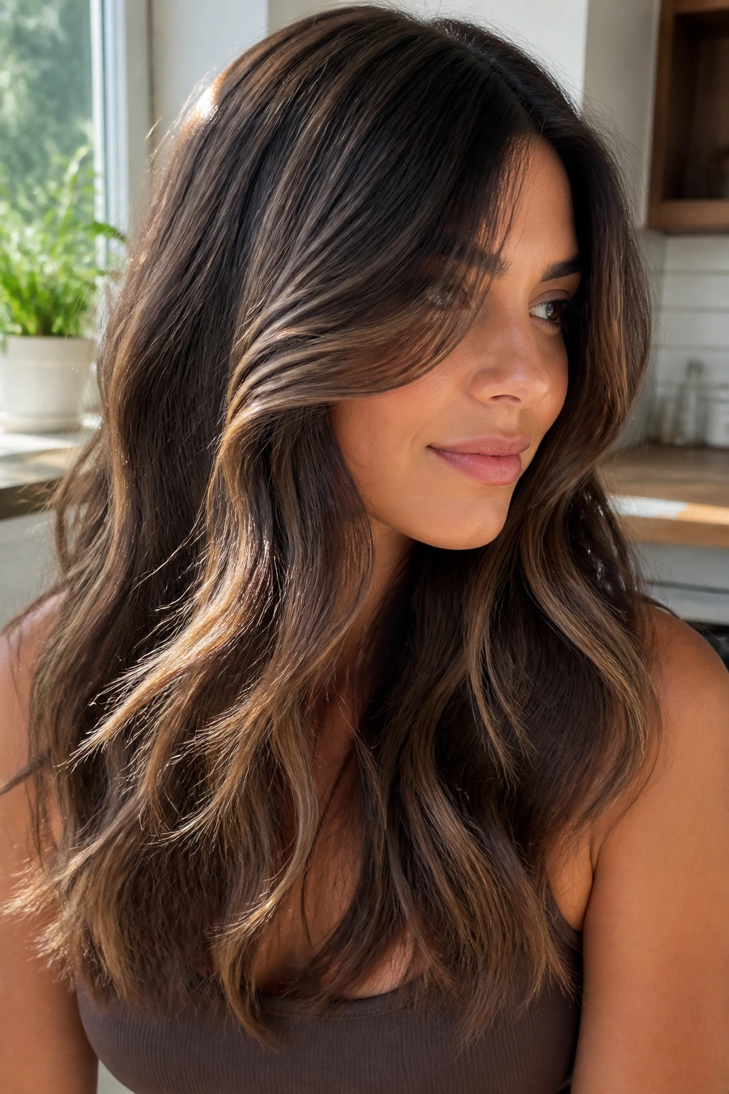 Brunette with sunlit cocoa melt, warm lighter pieces through the top and lower layers.