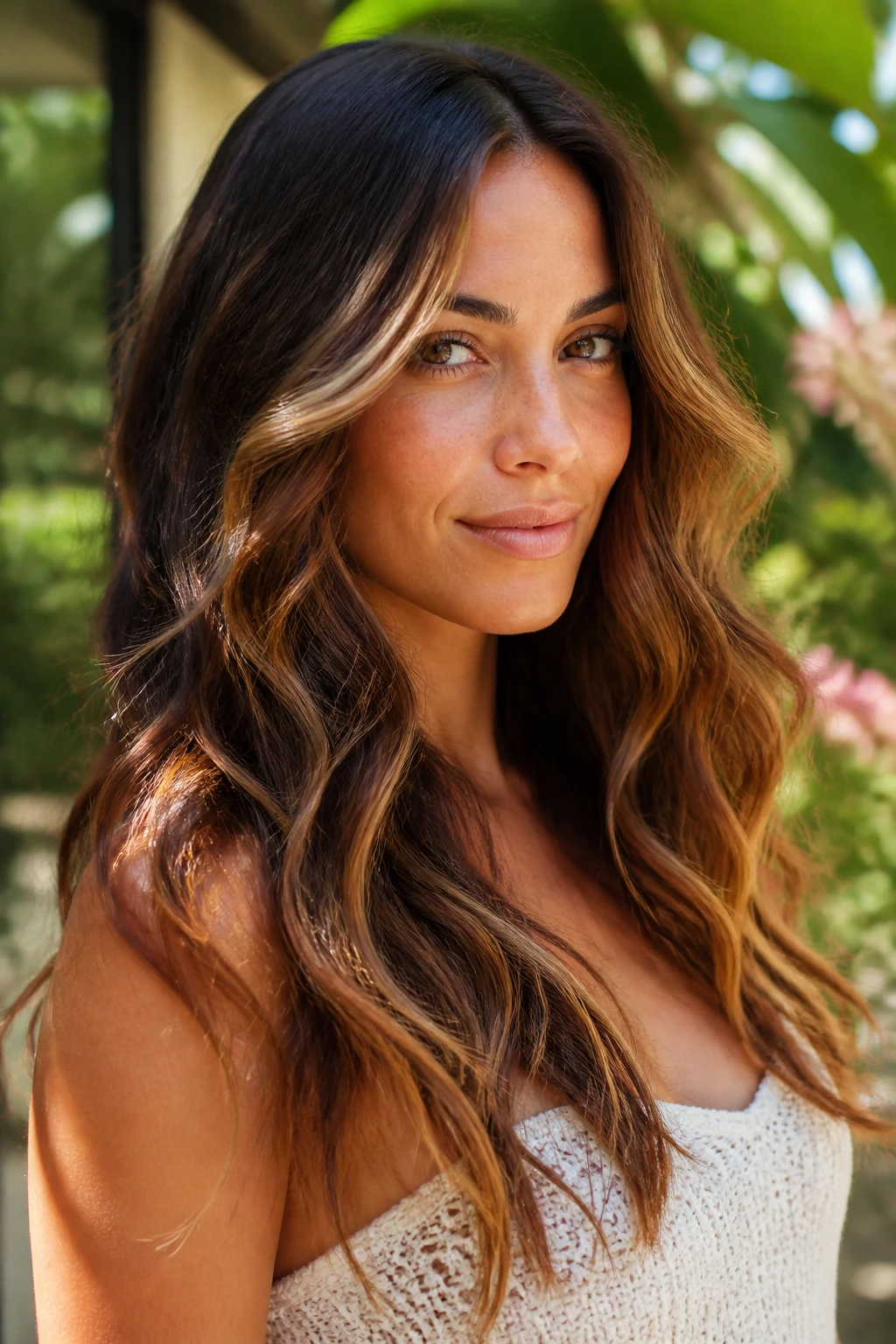 Real woman with sunlit cocoa balayage in long waves outdoors