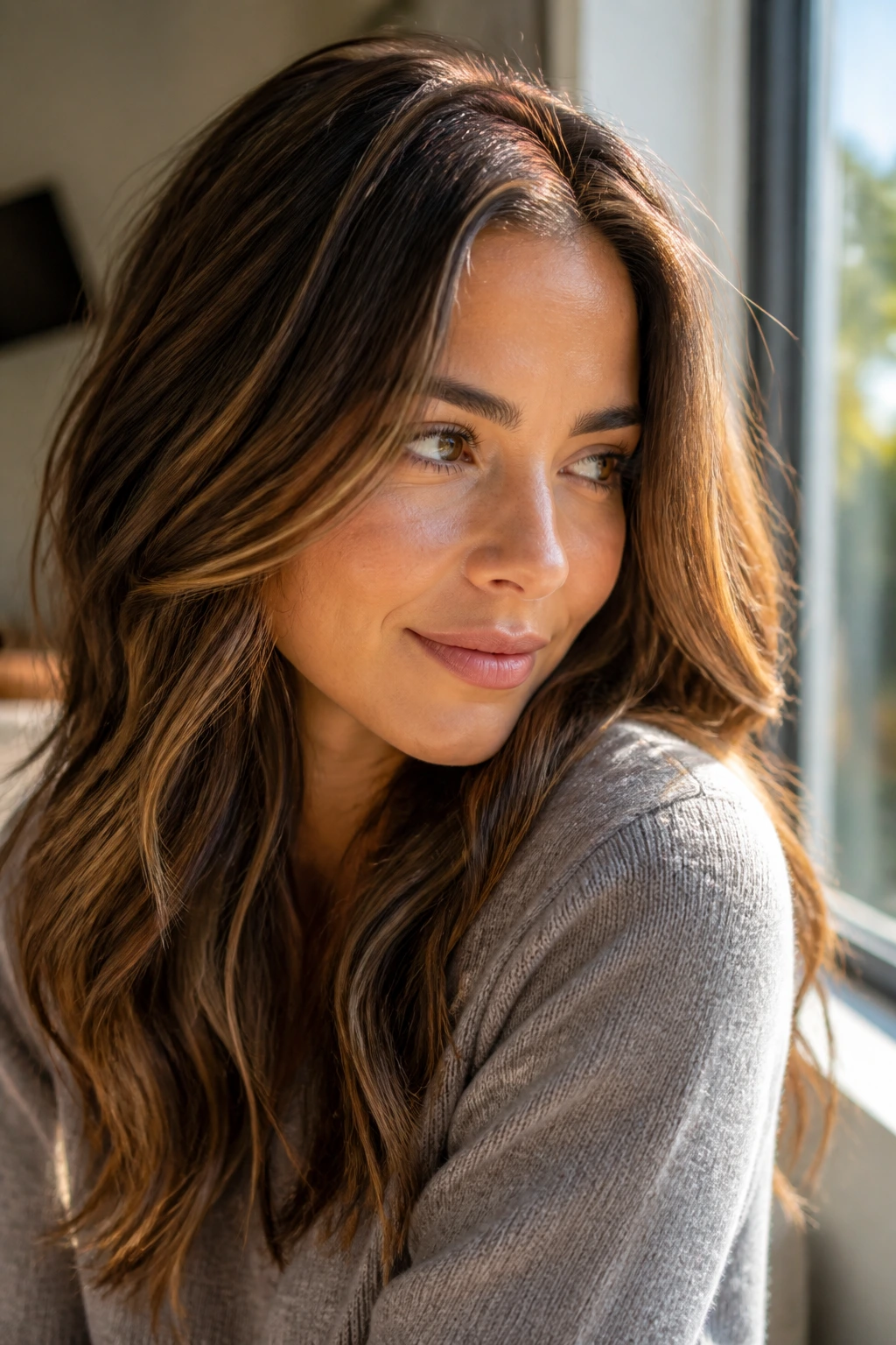 Close-up portrait of a real woman with sunlit cocoa highlights hair