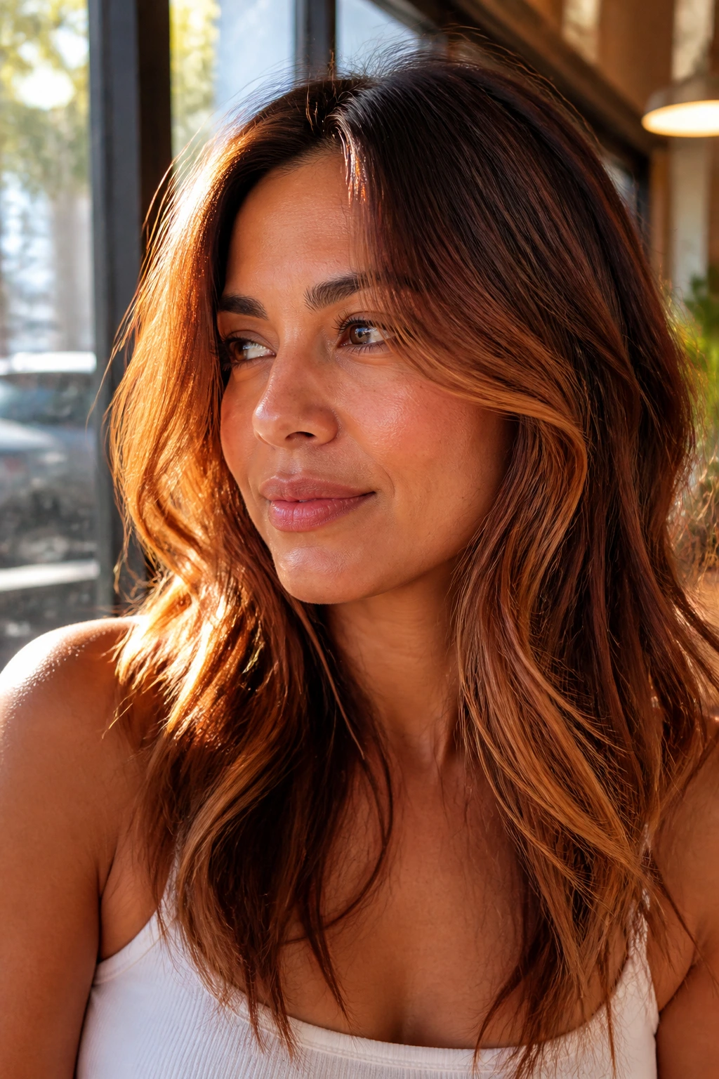 Close-up portrait of a real woman with sunlit copper balayage around the face