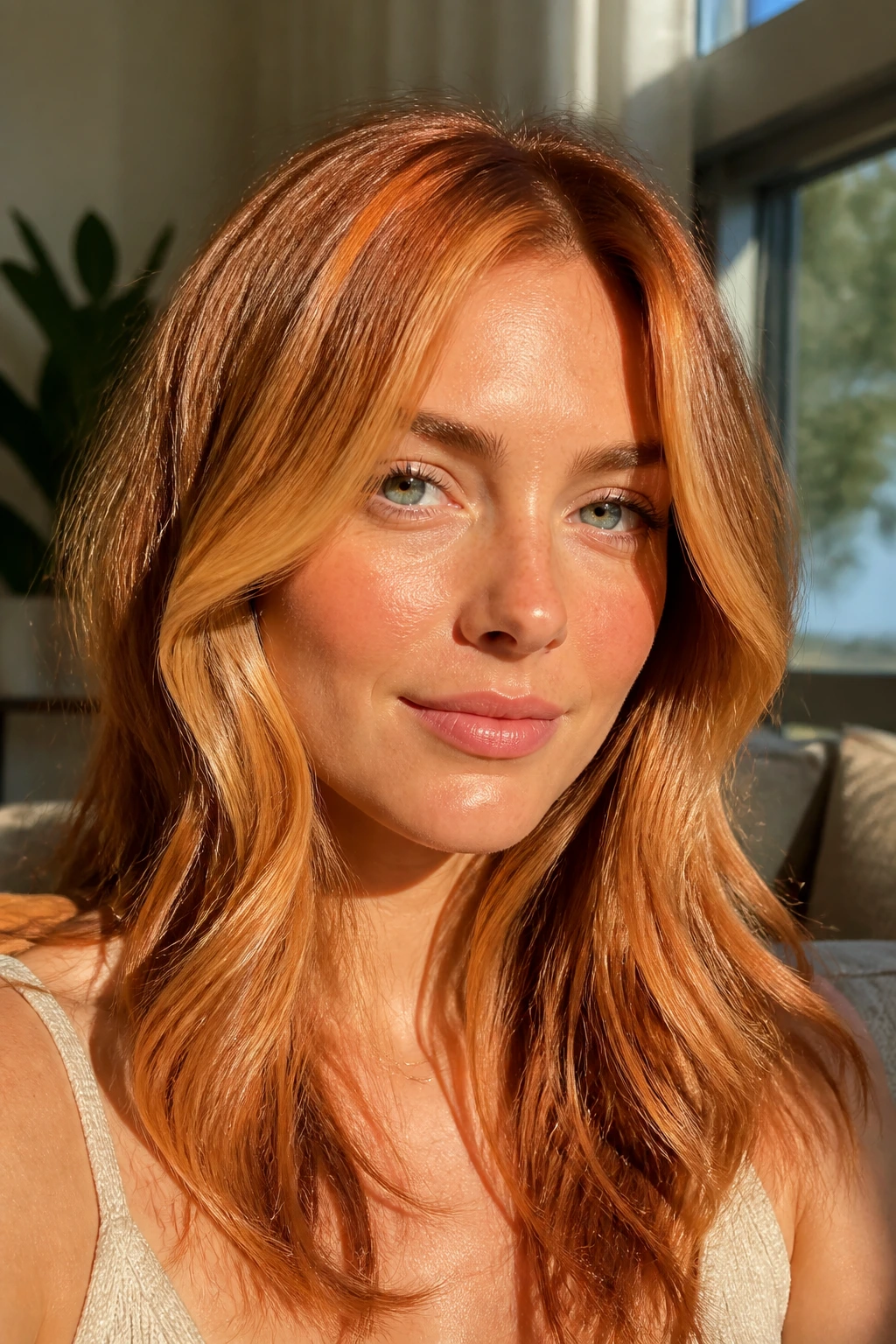 Portrait of a real person with sunlit face-framing copper hair around temples and cheeks