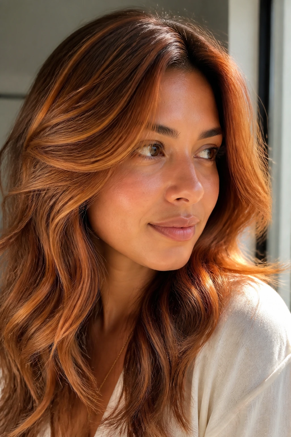 Close-up of a real person with sunlit copper foilayage highlights