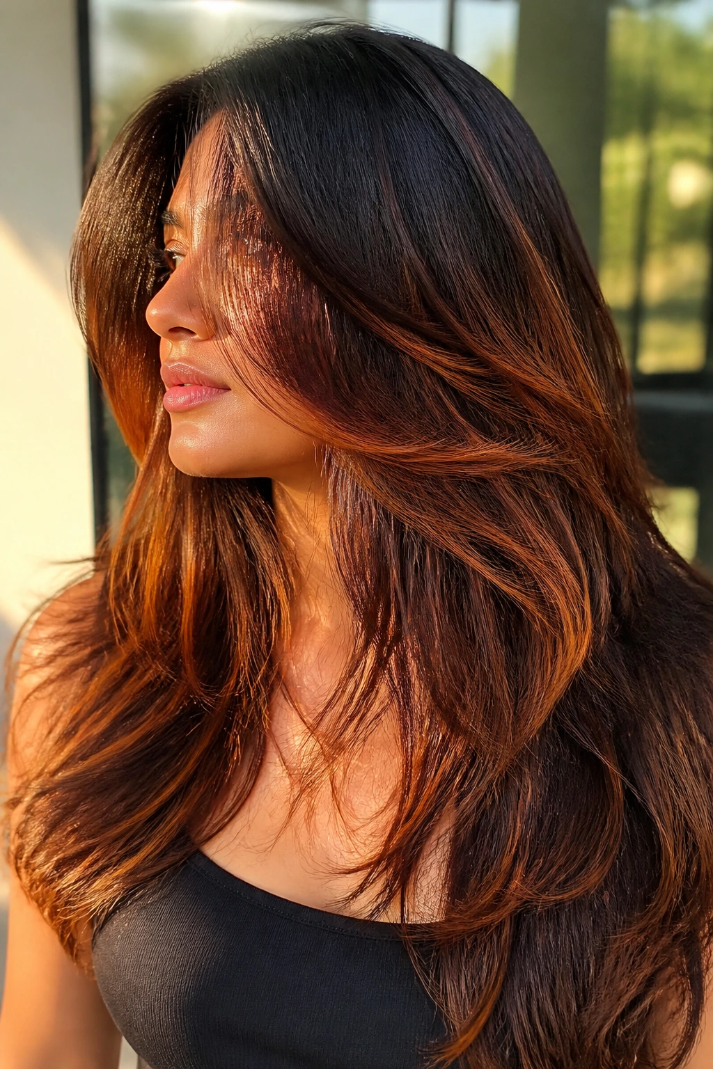 Portrait of thick hair with sunlit copper layers