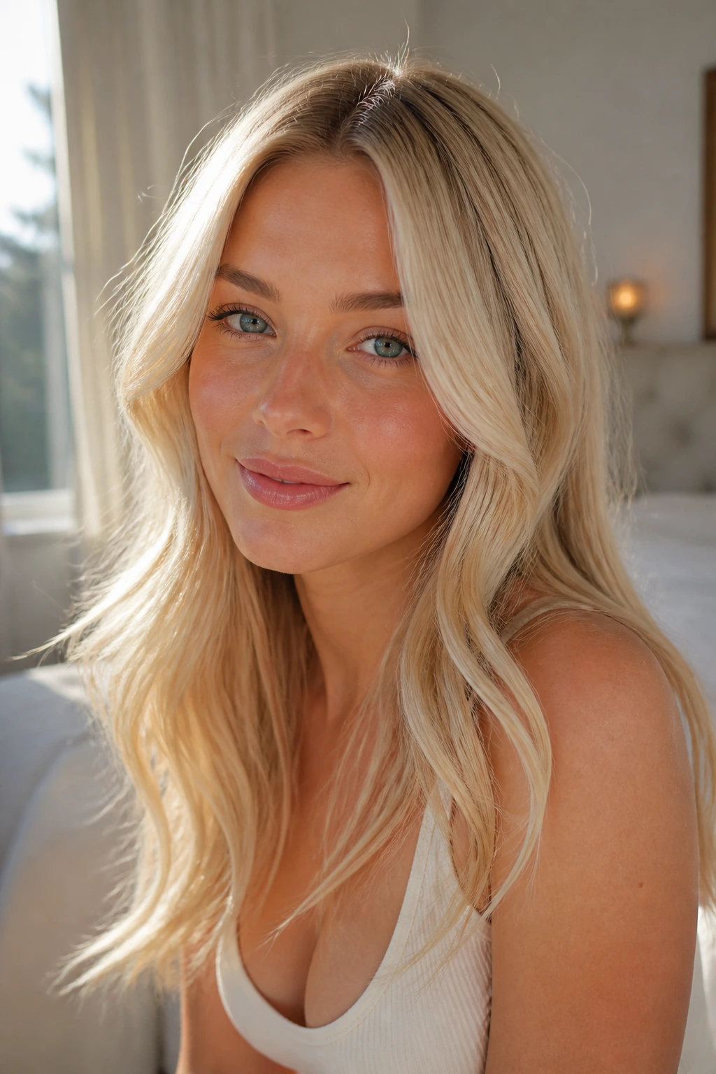 Close-up of a real woman with sunlit cream blonde face-framing highlights.