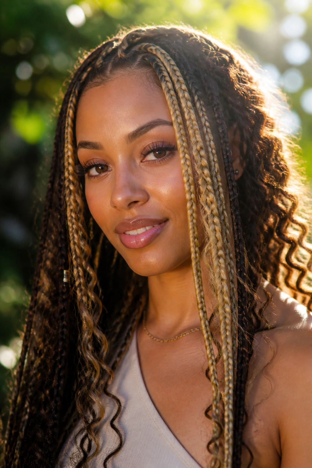 Close-up portrait of a real woman with crochet braids and money piece highlights in a sunlit outdoor setting