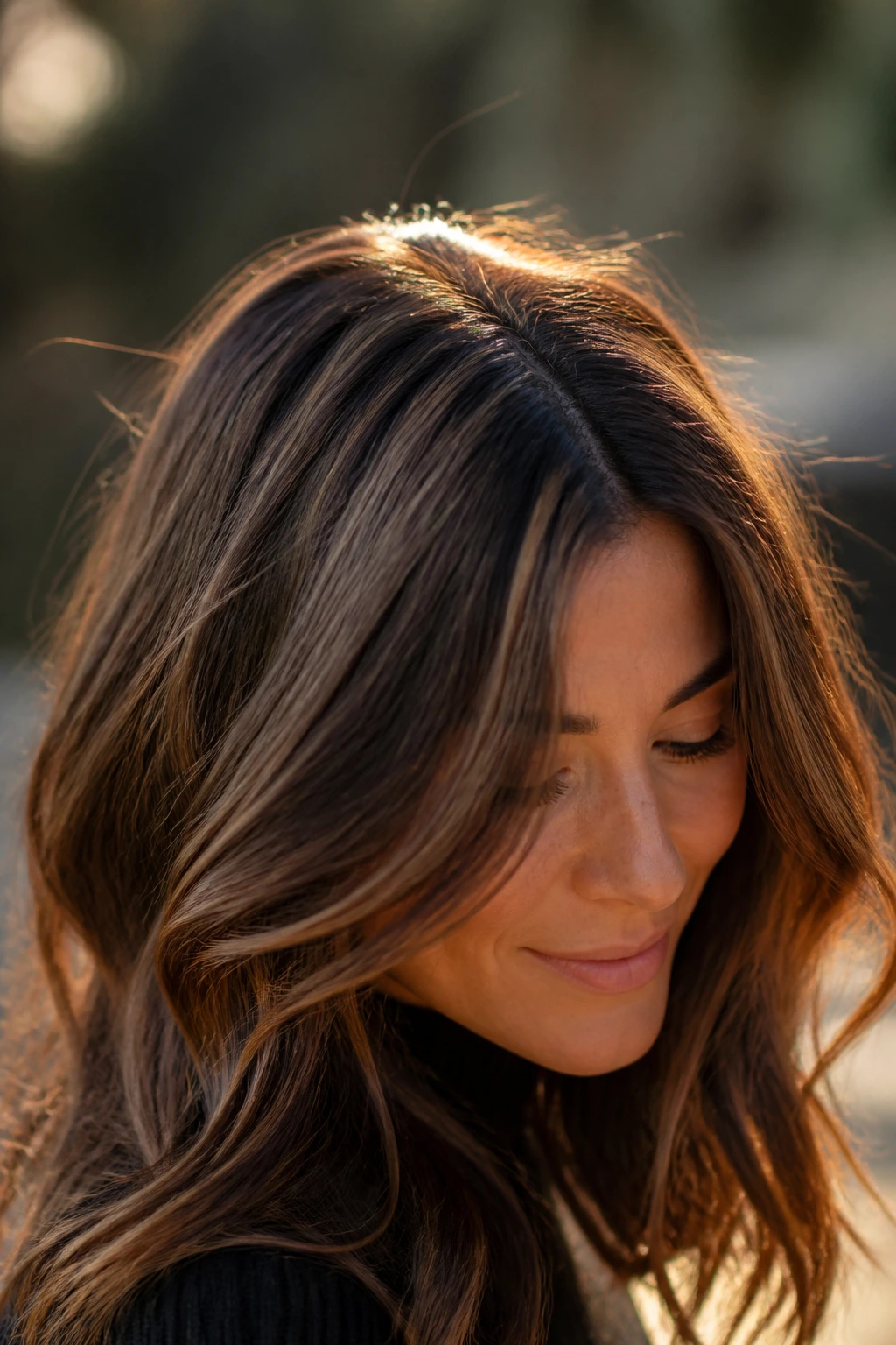 Real woman with sunlit crown highlights catching golden hour light