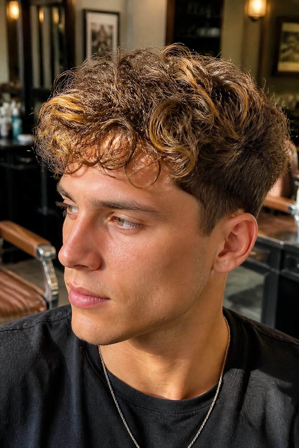 Portrait of a man with a sunlit curly crop and honey ribbons in a barbershop