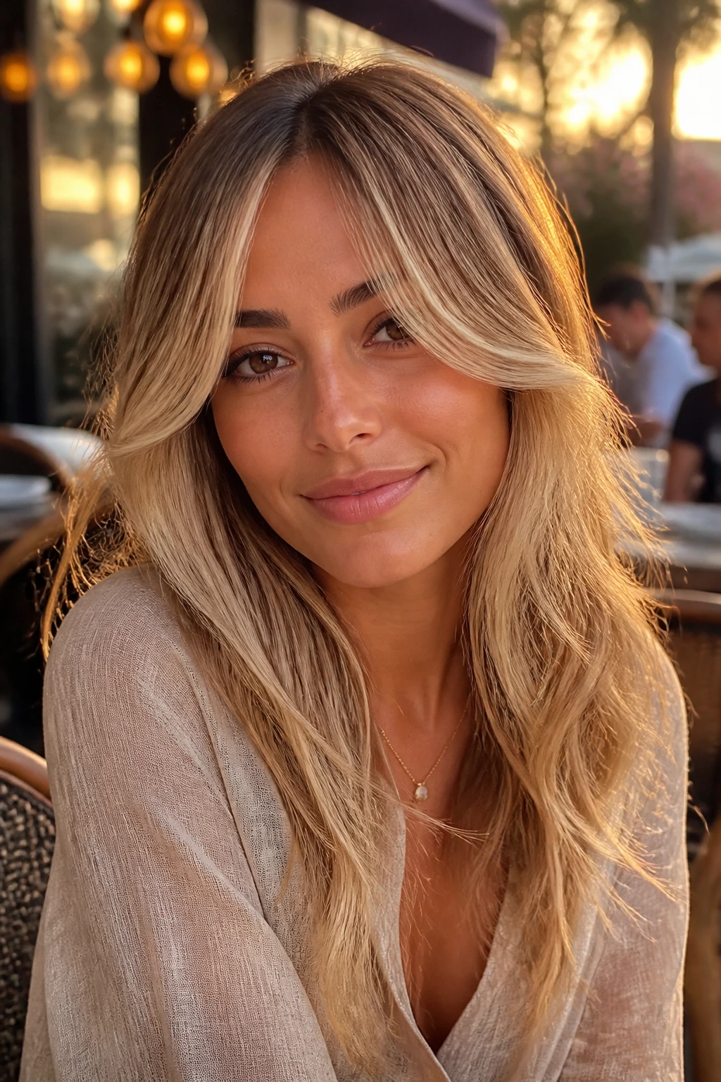 Close-up portrait of a real woman with sunlit curtain bangs in golden hour light
