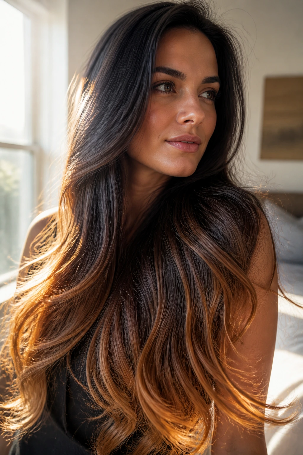 Close-up of sunlit caramel ends on ultra-long thick hair