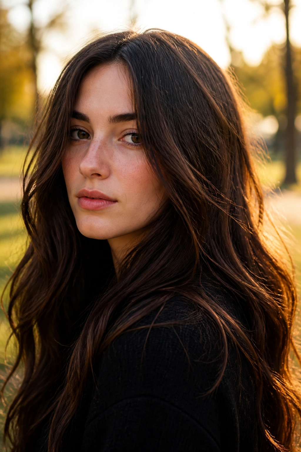 Close-up portrait of a real person with espresso brown hair and subtle highlights outdoors
