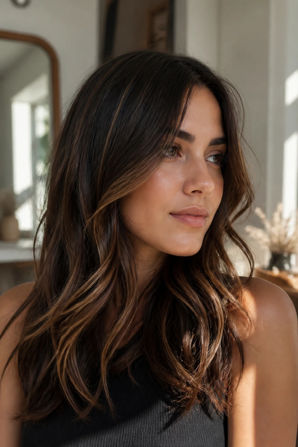 Close-up of brunette with sunlit espresso highlights adding subtle dimension