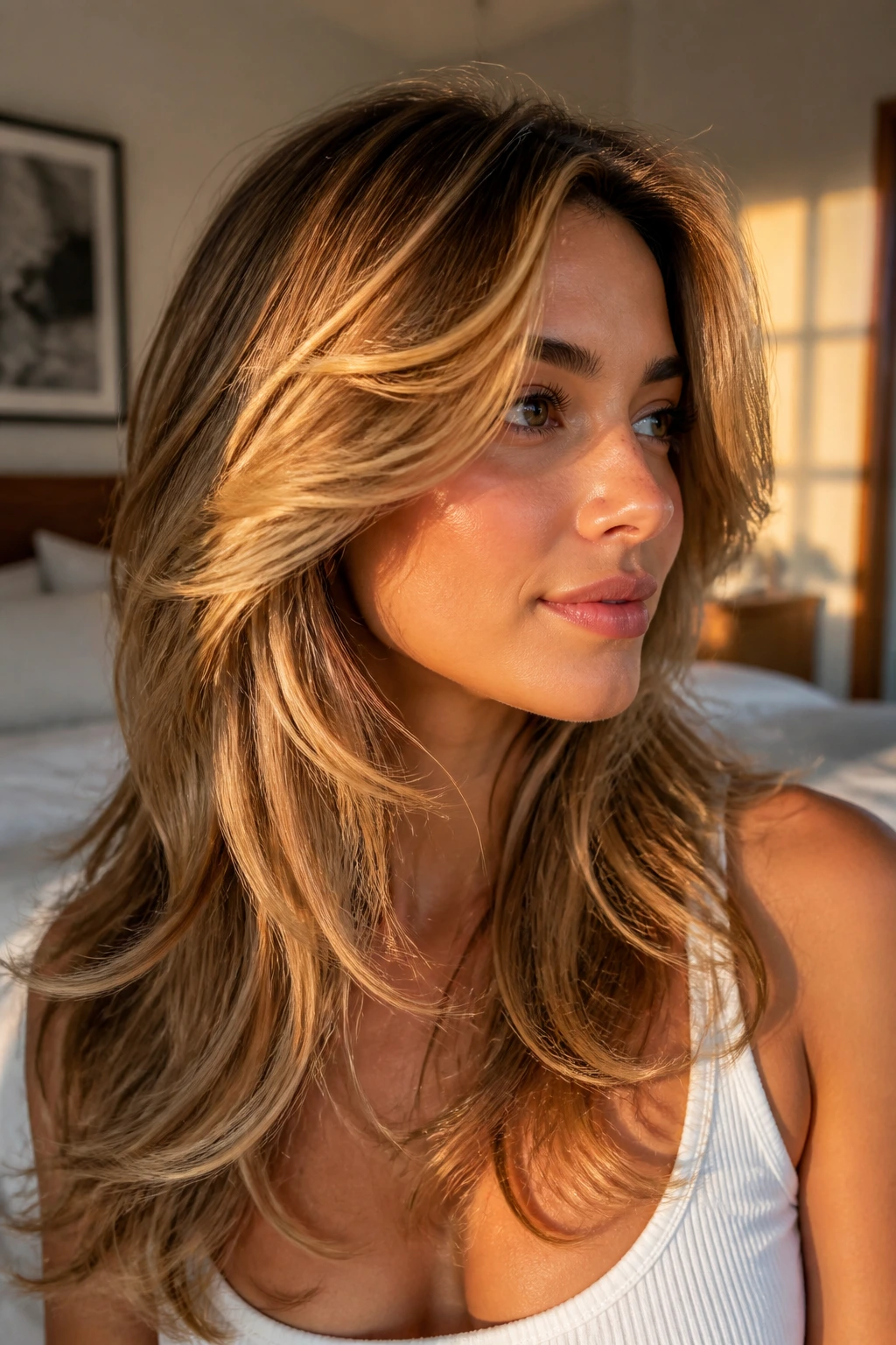 Close-up of real woman's hair with sunlit feathered layers in warm window light