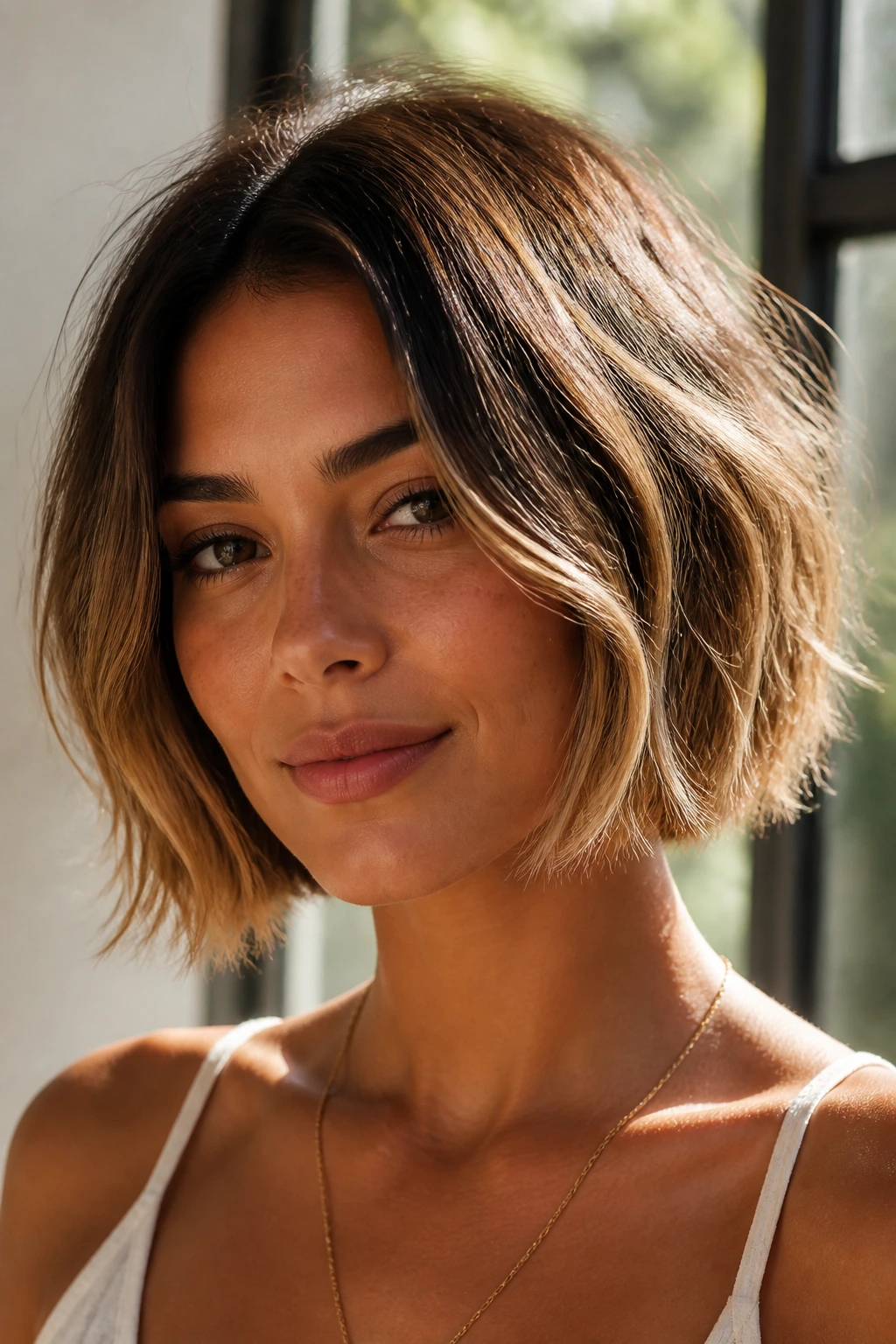 Close-up of a real woman with a chin-length Sunlit French Bob featuring sunlit blonde ends