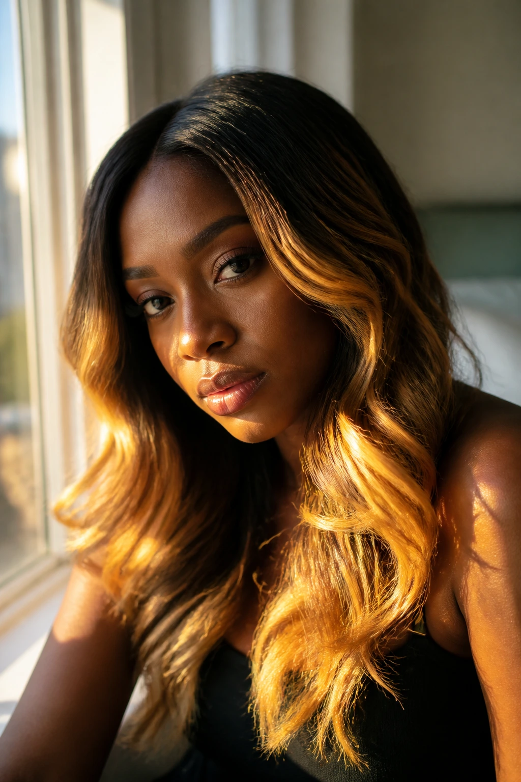 Hair with dark roots and sunlit gold ends in golden hour light