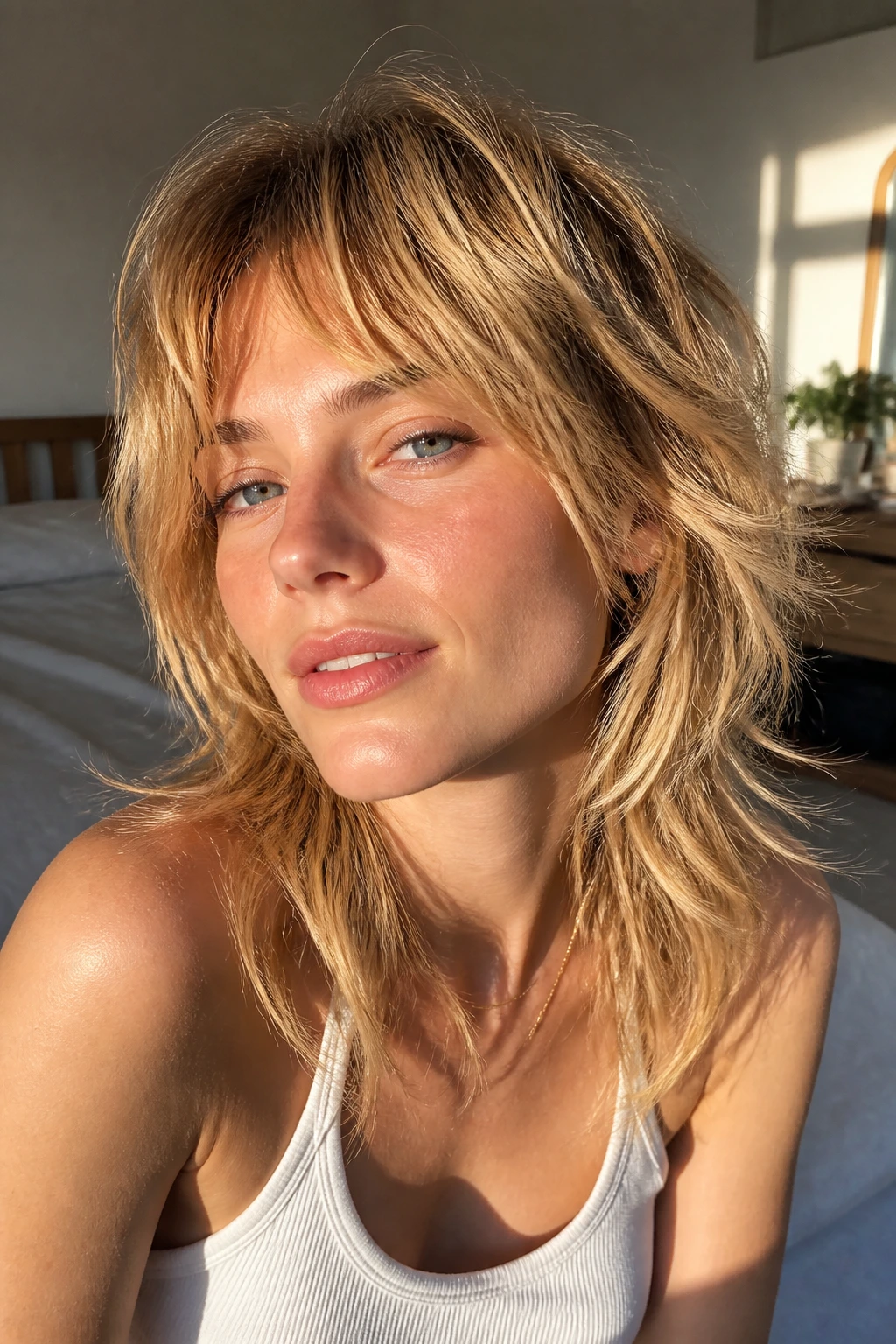 Close-up of a real woman with sunlit gold shag hairstyle