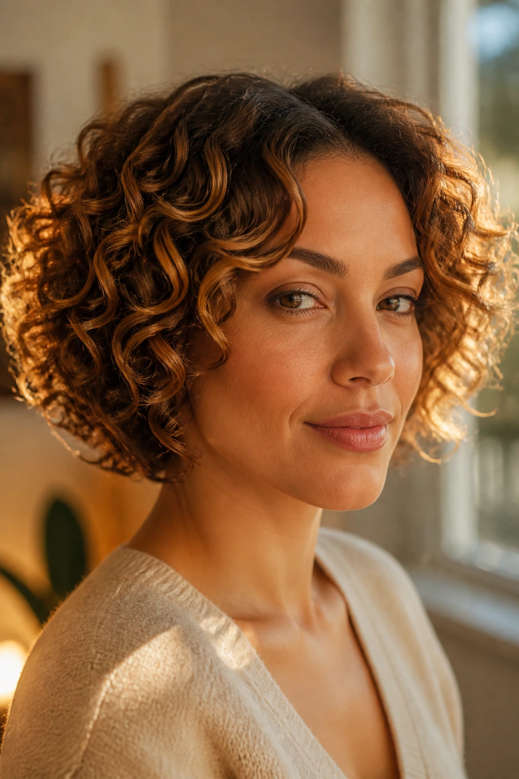 Close-up of a real woman with a sunlit halo bob and caramel highlights near the face.