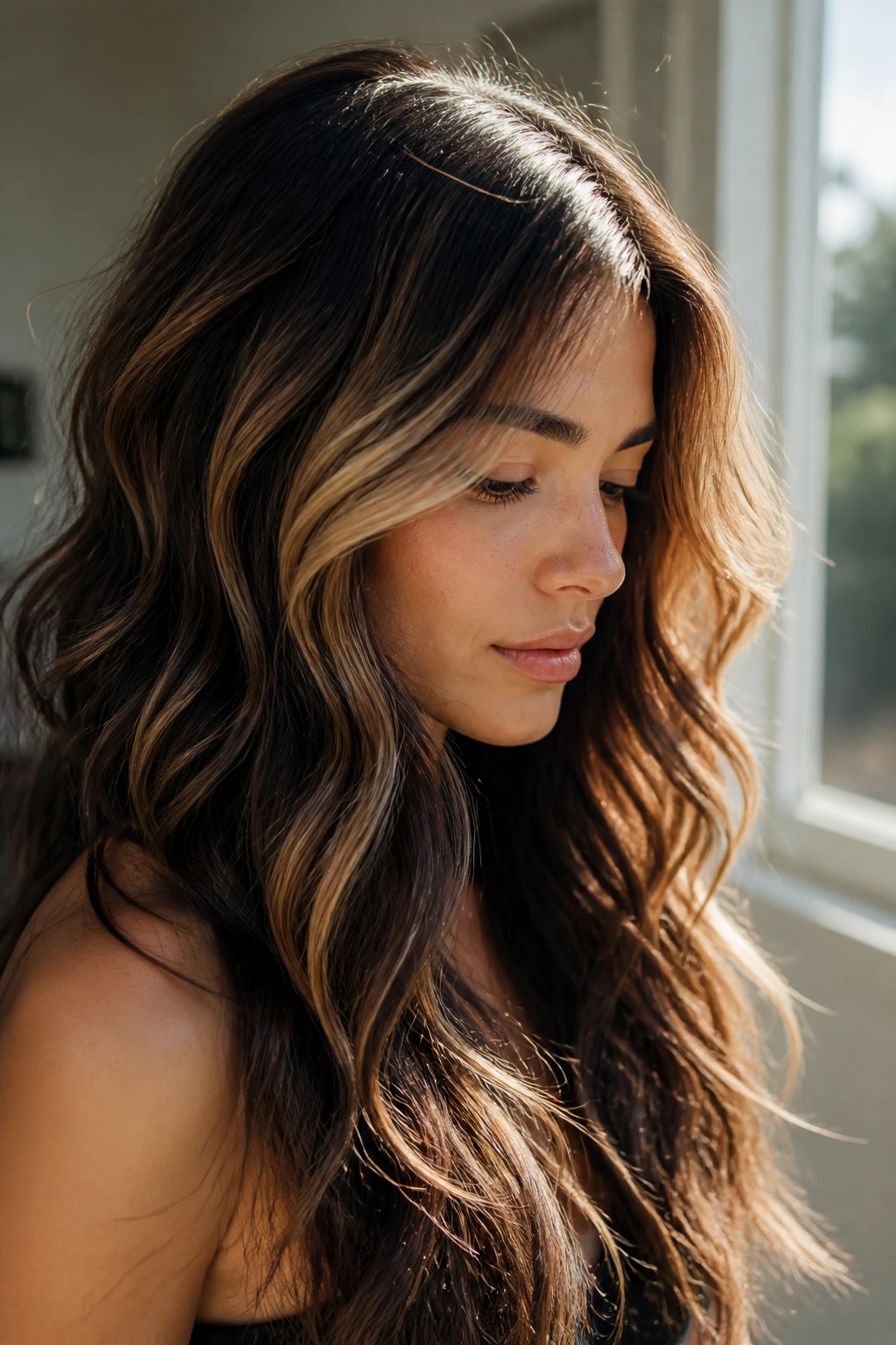 Close-up of a real person with sunlit top highlights on wavy hair
