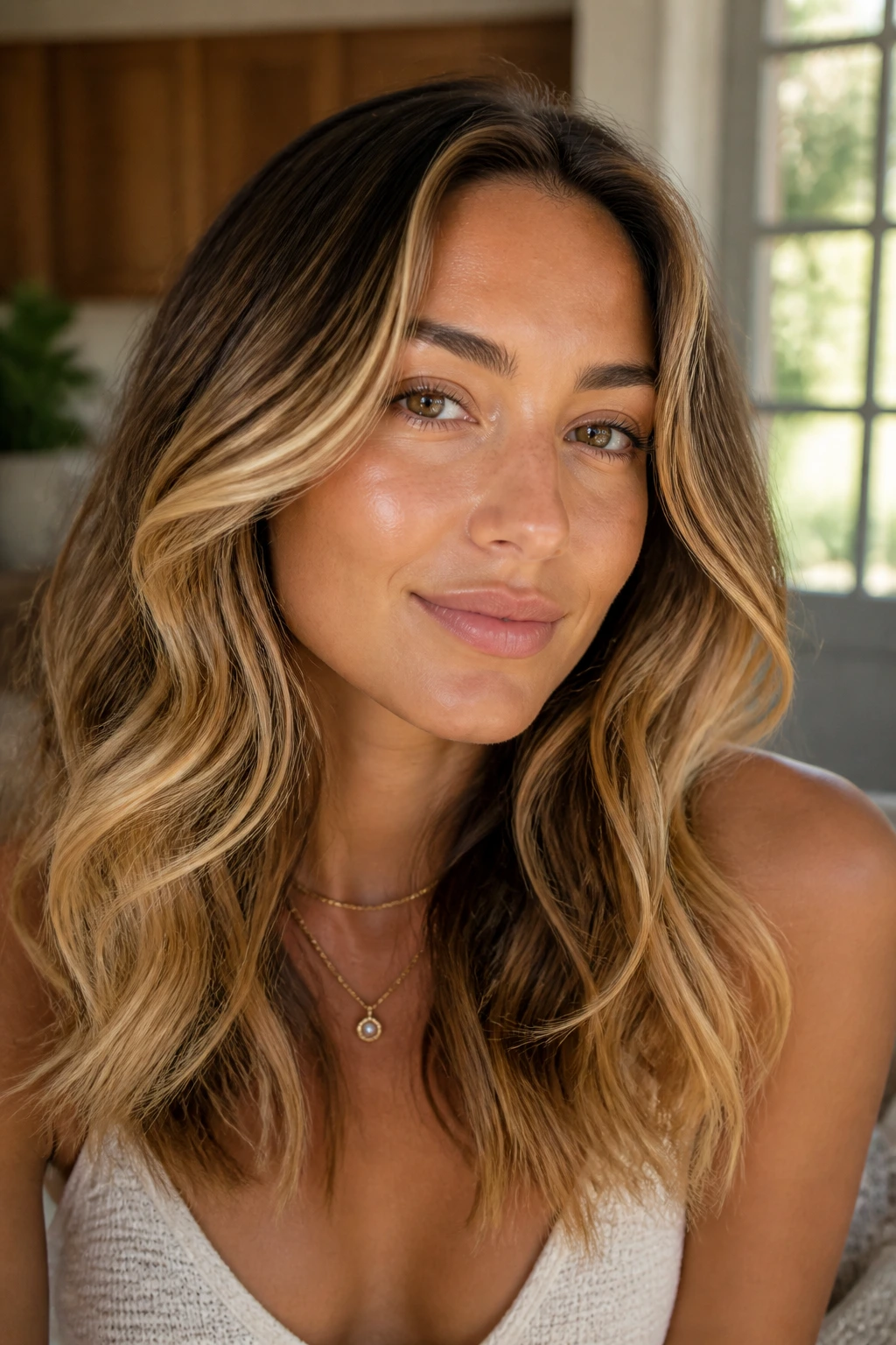 Close-up portrait of a real woman with sunlit honey balayage hair