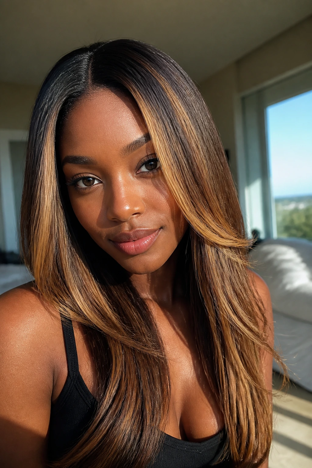 Close-up of a woman with sunlit honey highlights on a silk-pressed hair.