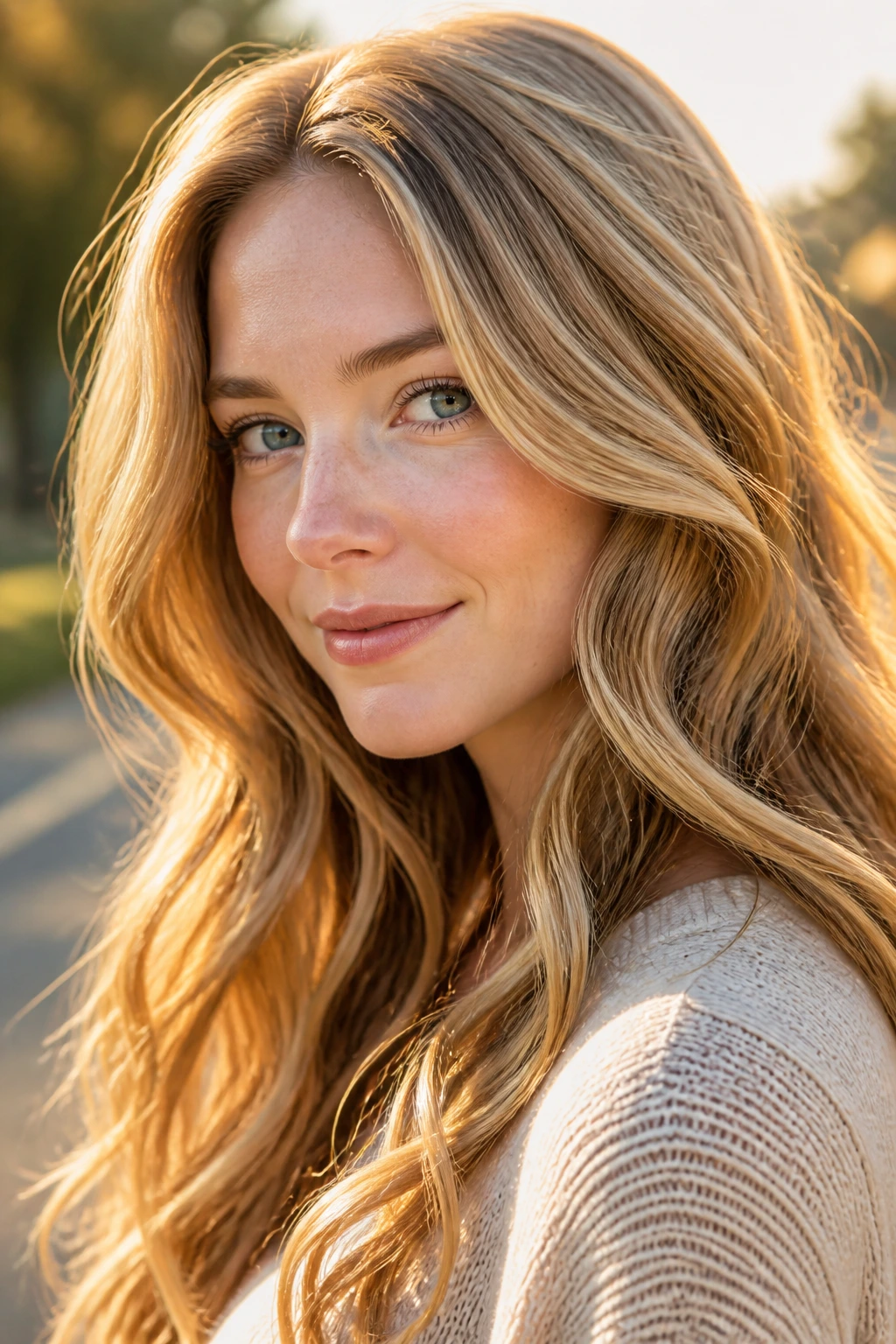 Portrait of a woman with sunlit honey swirl highlights