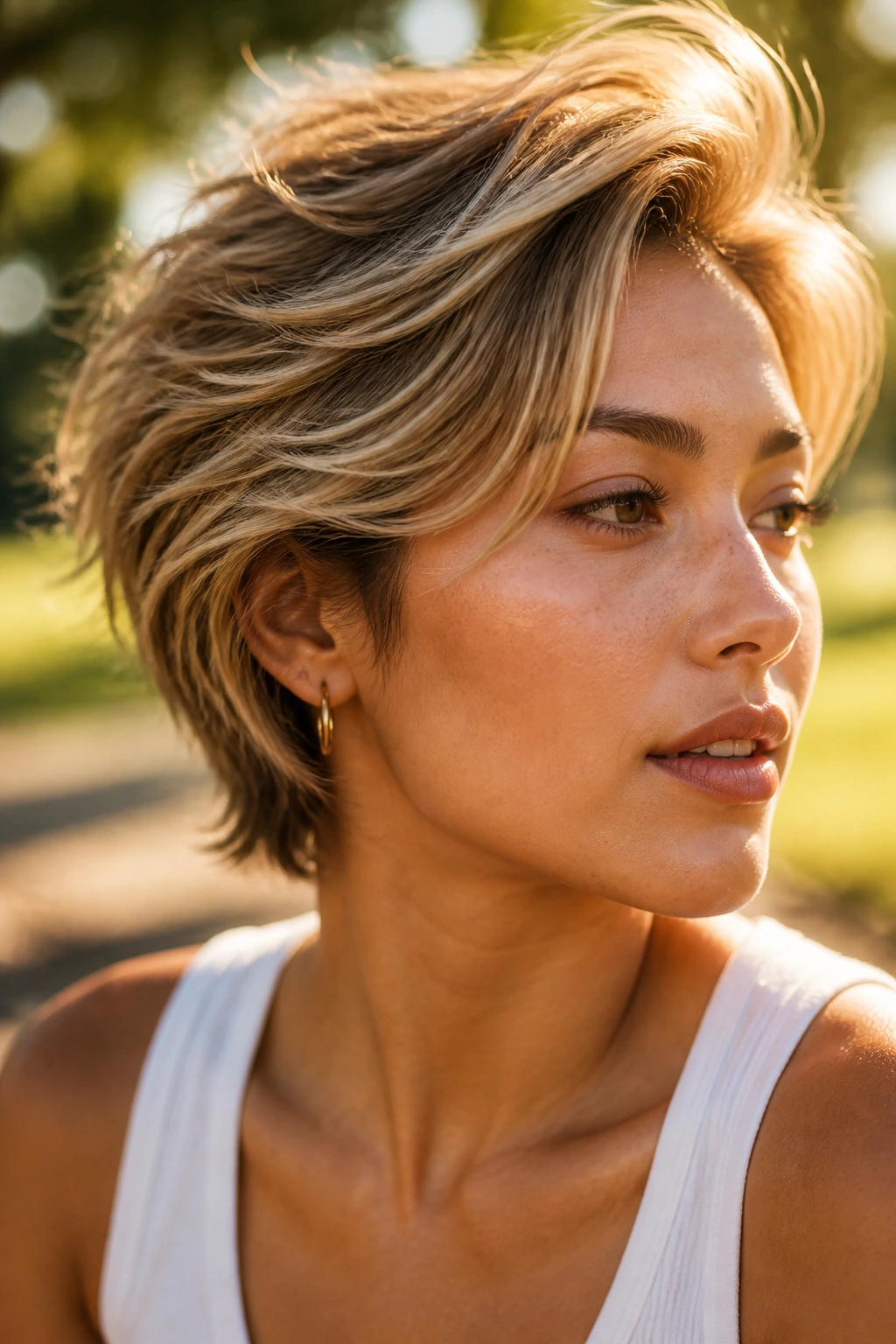 Close-up portrait of a real woman with sunlit layered bixie hairstyle