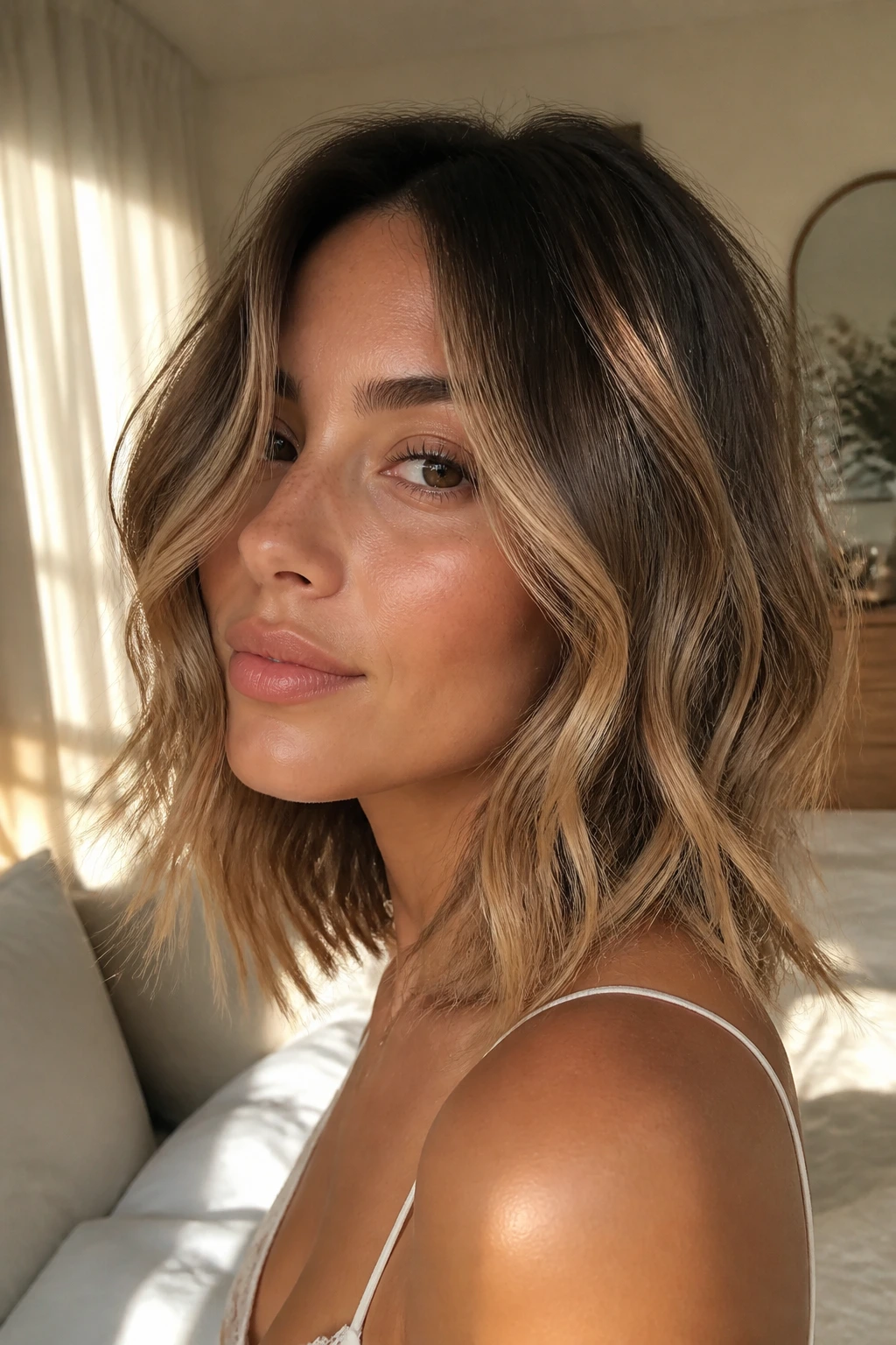 Close-up of real person with sunlit textured lob hairstyle in natural window light