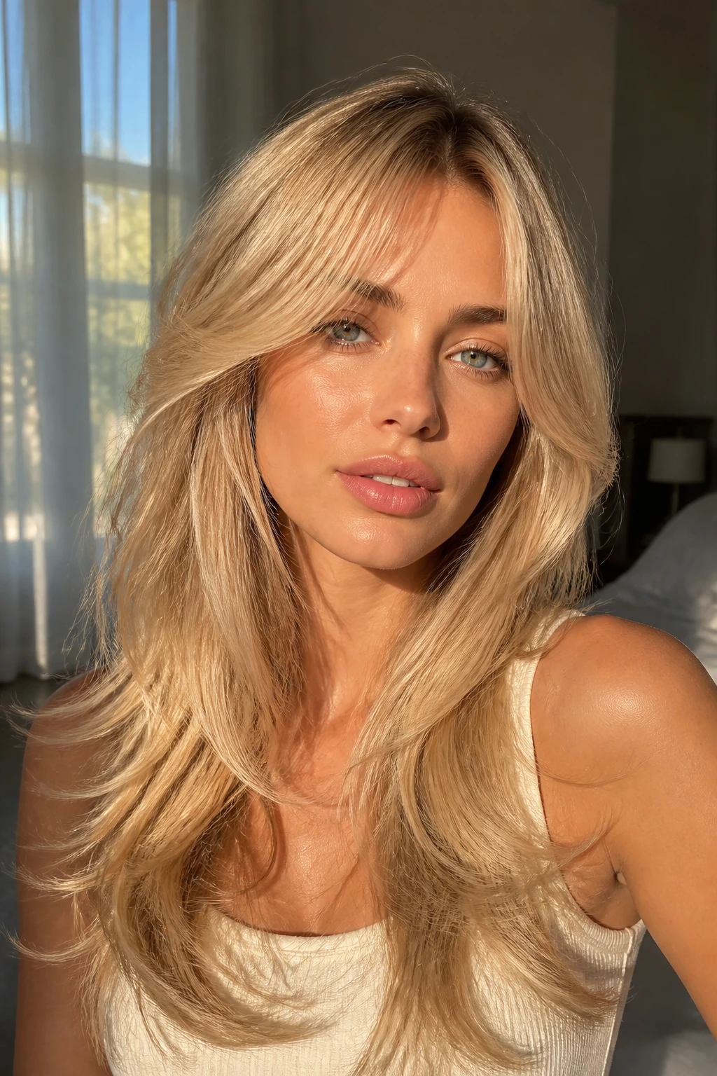 Close-up of a real woman with sunlit long layers and soft curtain bangs
