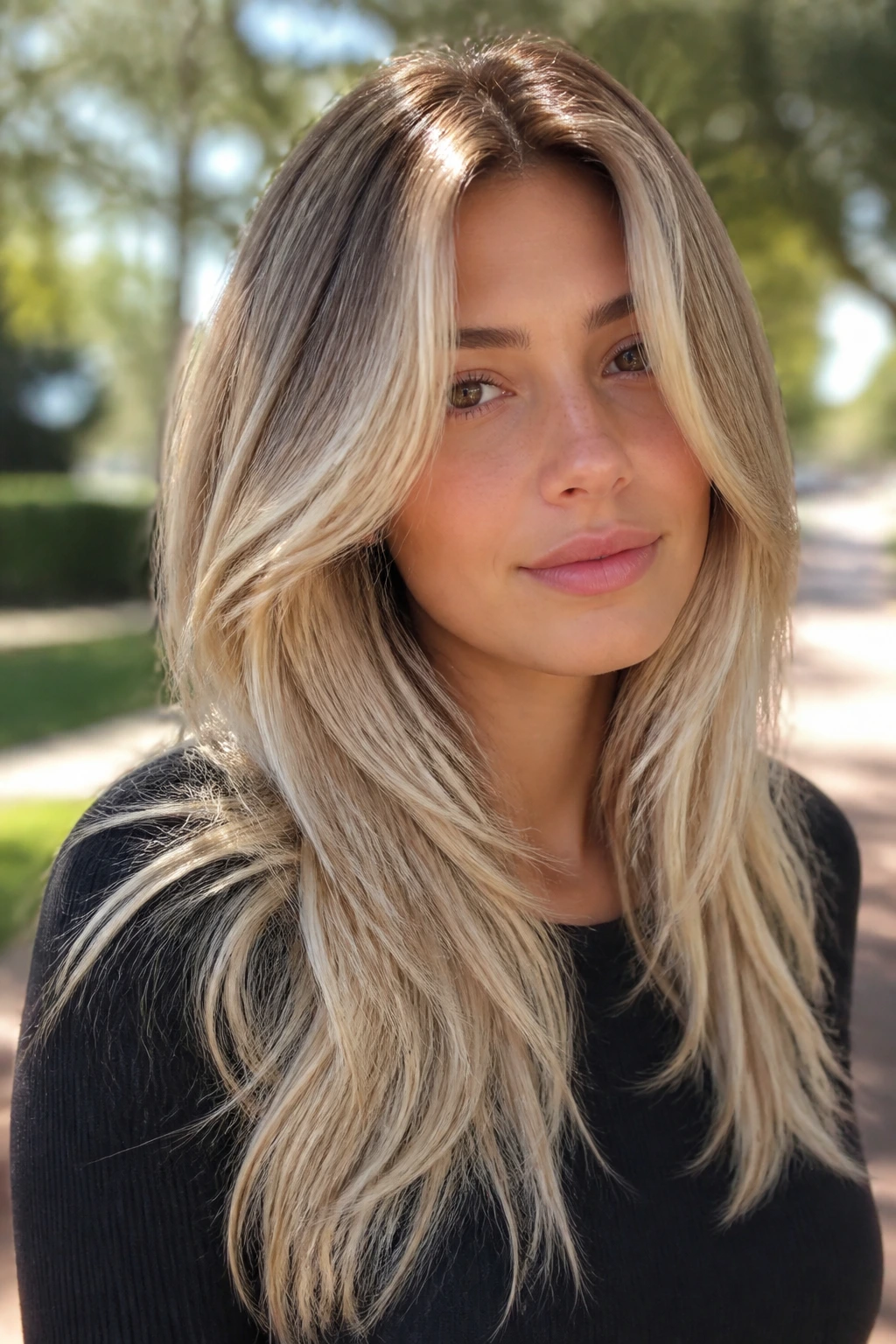 Real woman with sunlit long layers showing darker roots and bright lower layers