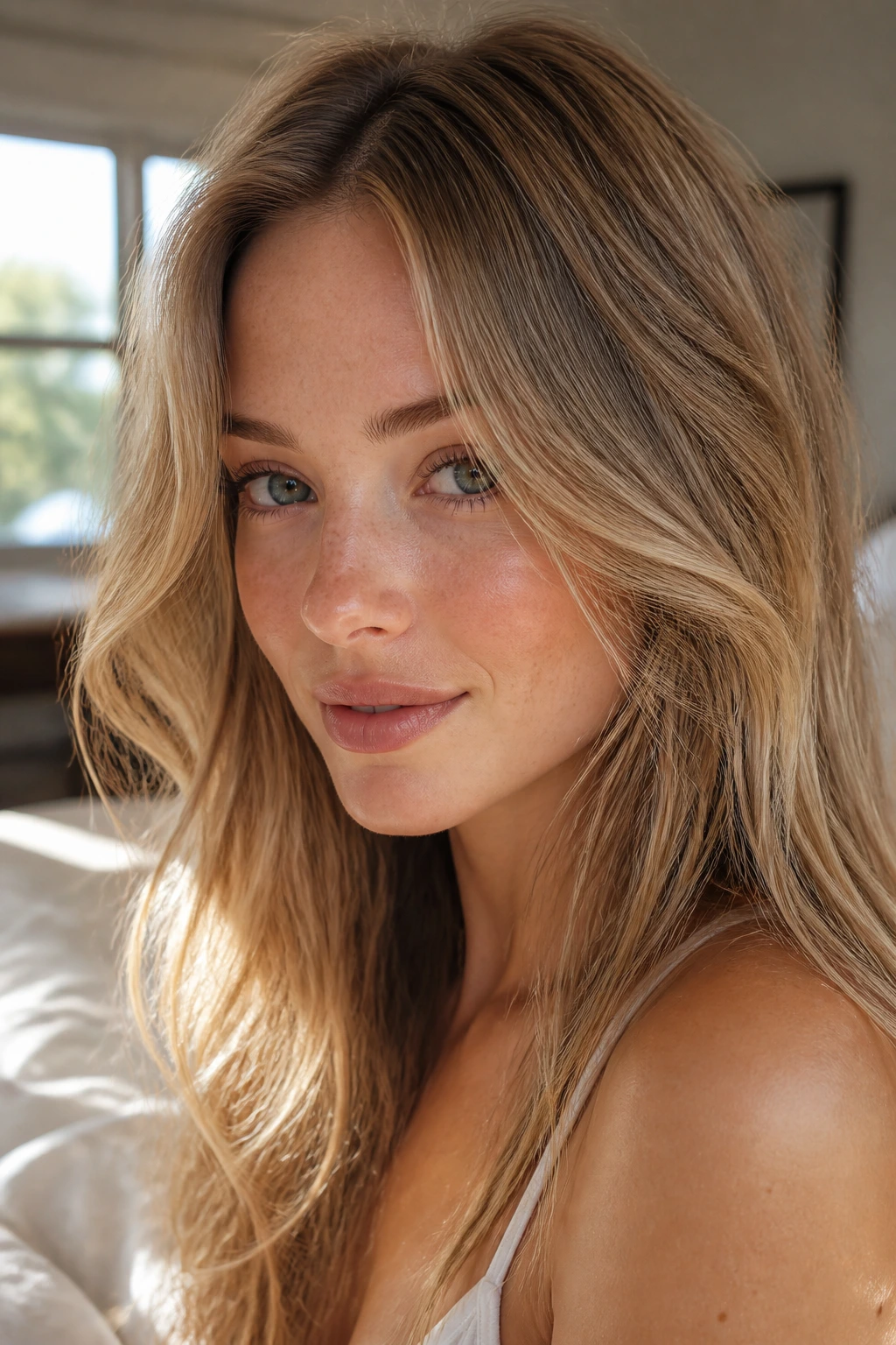 Close-up of a fair-skinned woman with sunlit micro-highlights in her hair