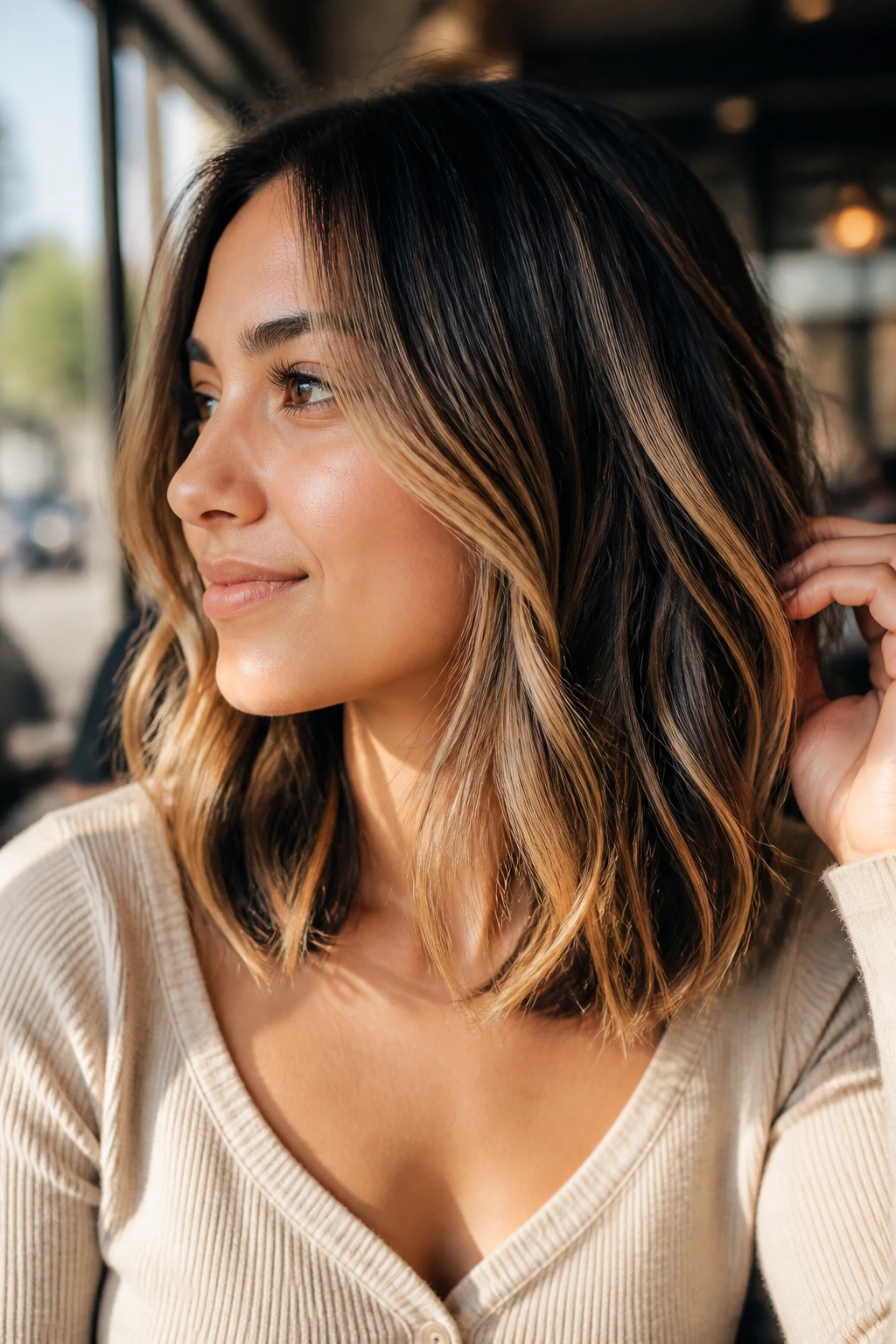 Close-up of sunlit mid-length foils on a real woman's hair in a natural-lit cafe setting