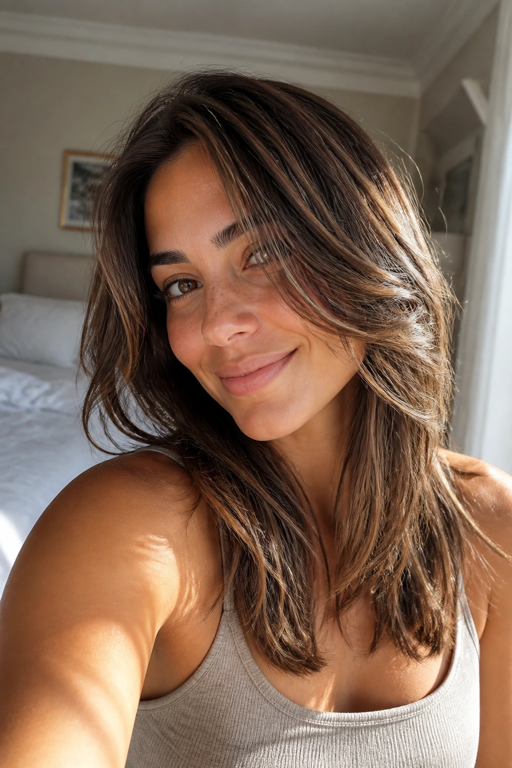 Close-up portrait of a woman with sunlit mocha hair and sliced highlights.
