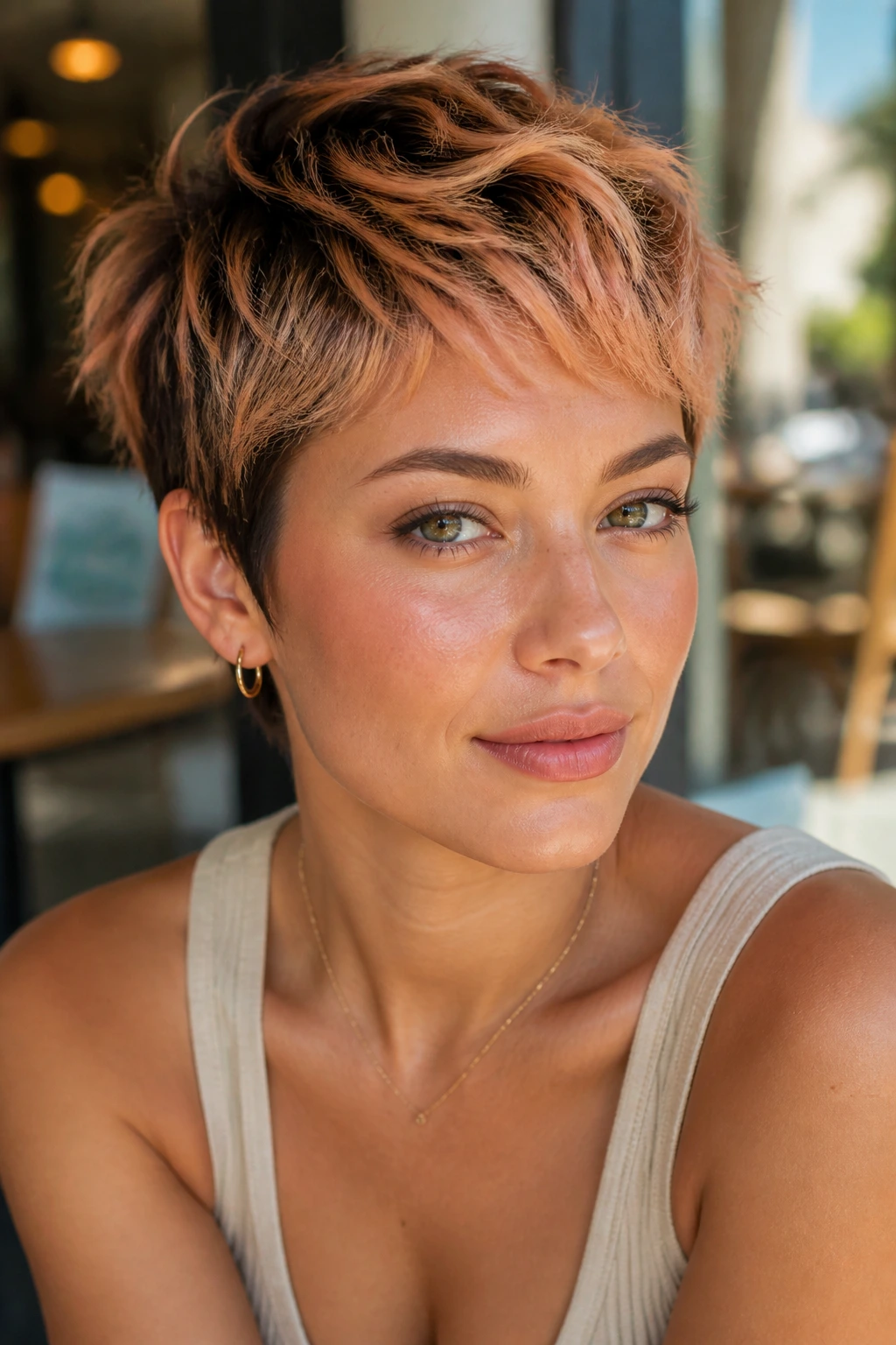 Close-up of a woman with a pixie cut and apricot tips in warm daylight