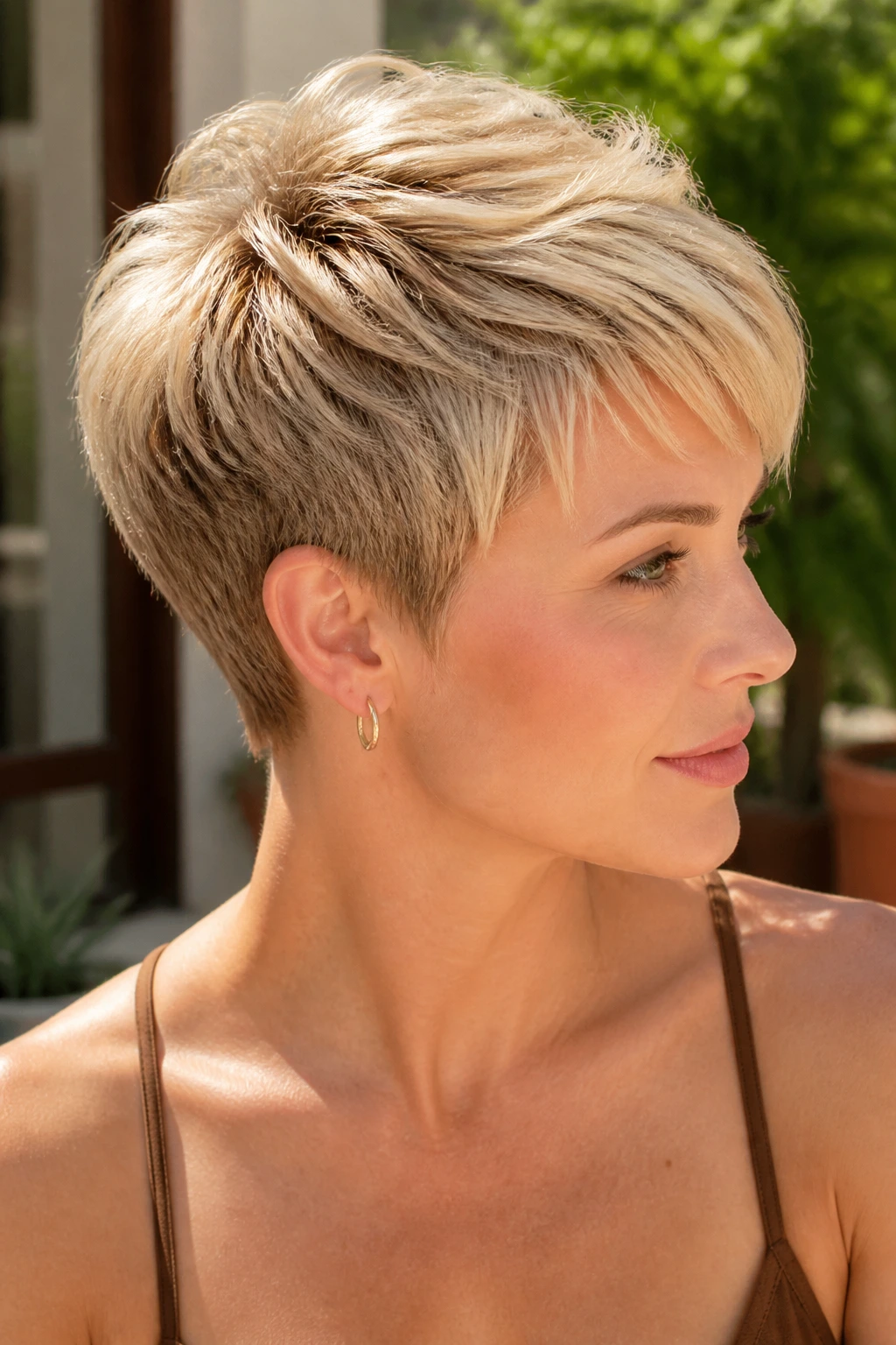 Real woman with sunlit pixie cut in outdoor sunlit setting