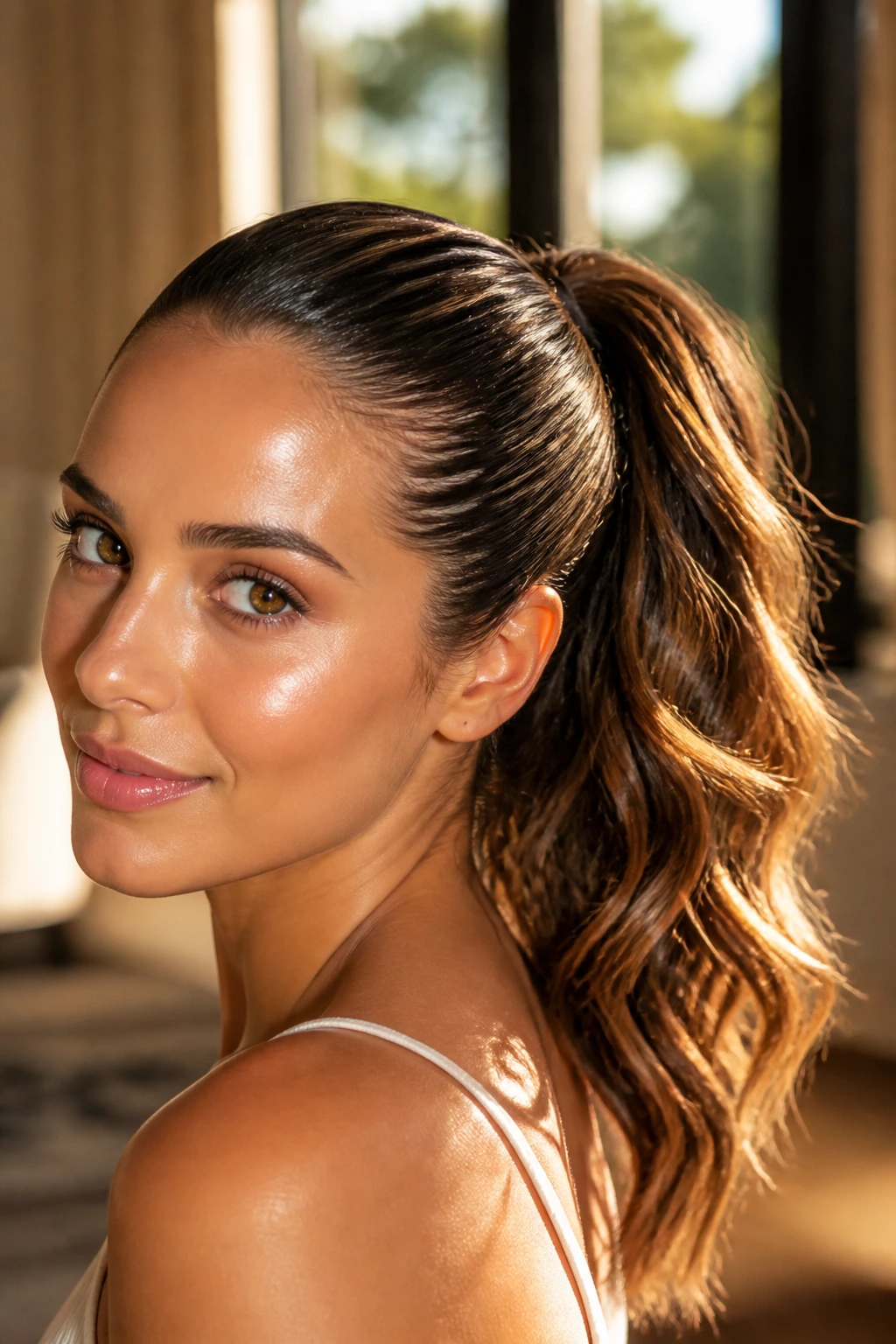 Close-up portrait of a real woman with sunlit slick-back pony and loose waves on tan skin.