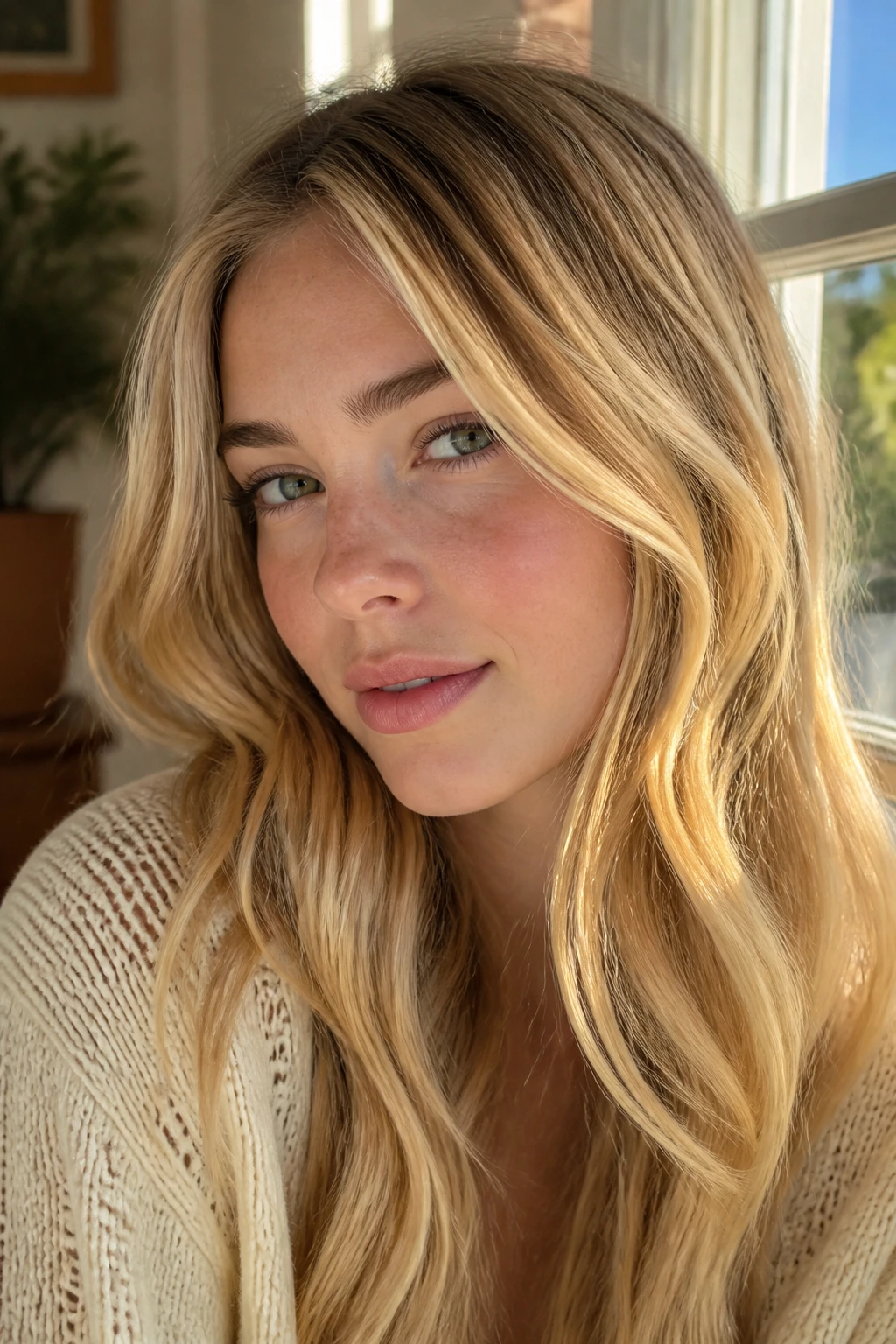 Close-up portrait of a real woman with sunlit ribbon highlights in blonde hair by a window