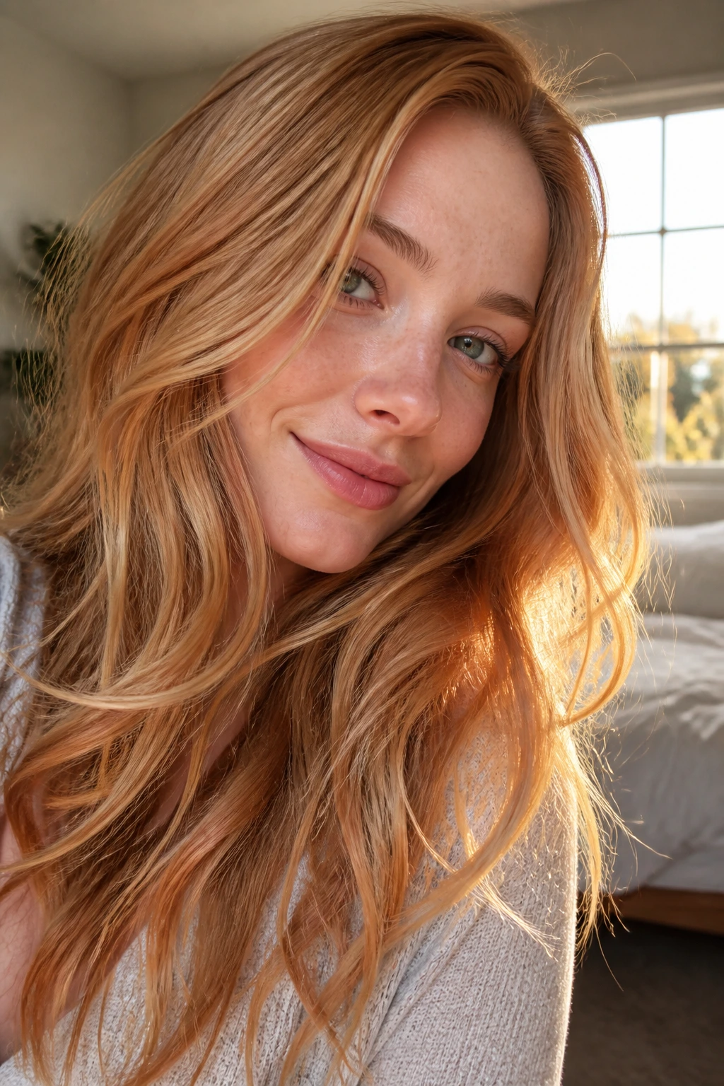 Close-up of a real woman with sunlit ribbon strawberry blonde hair featuring copper, peach, and gold ribbons woven into a lighter base.