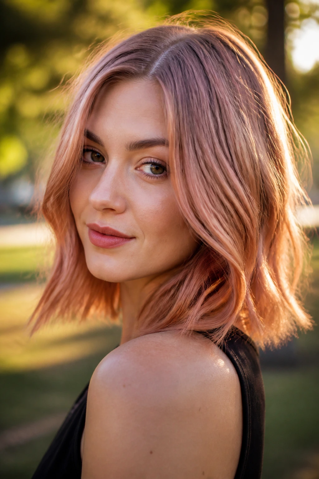 Medium close-up of a real woman with sunlit rose copper lob in golden hour park light