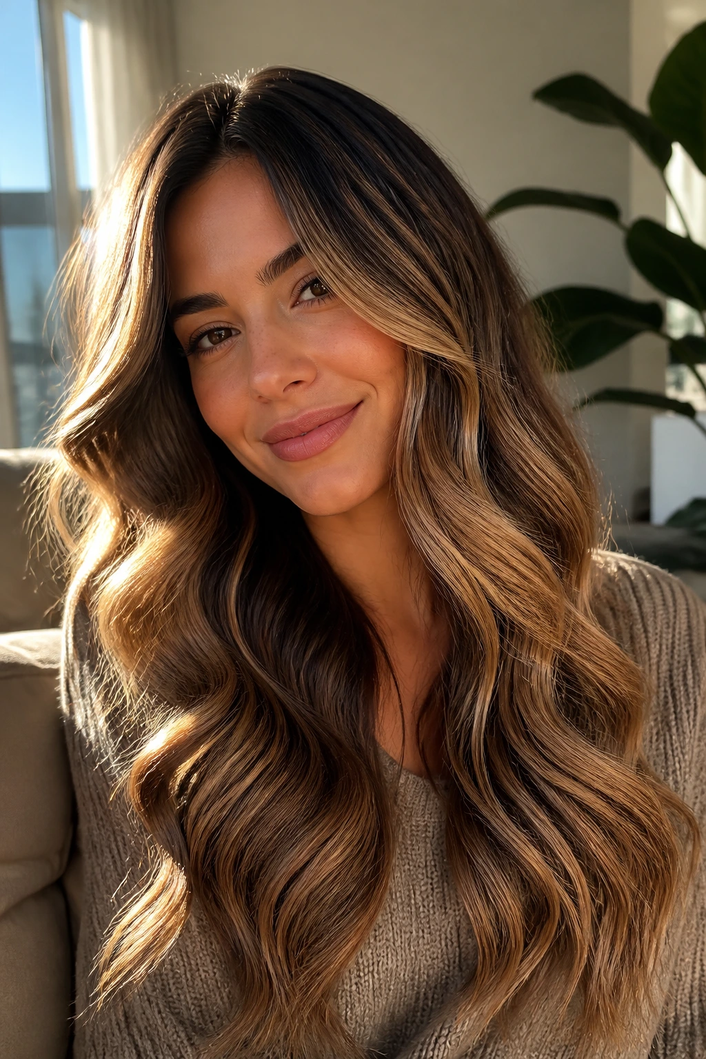 Long hair with sunlit S-bend balayage and caramel highlights