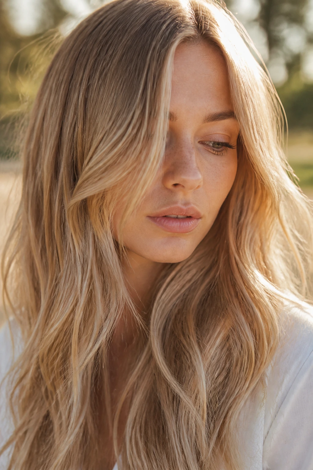 Portrait of hair in sunlit sandy melt with pale skin outdoors