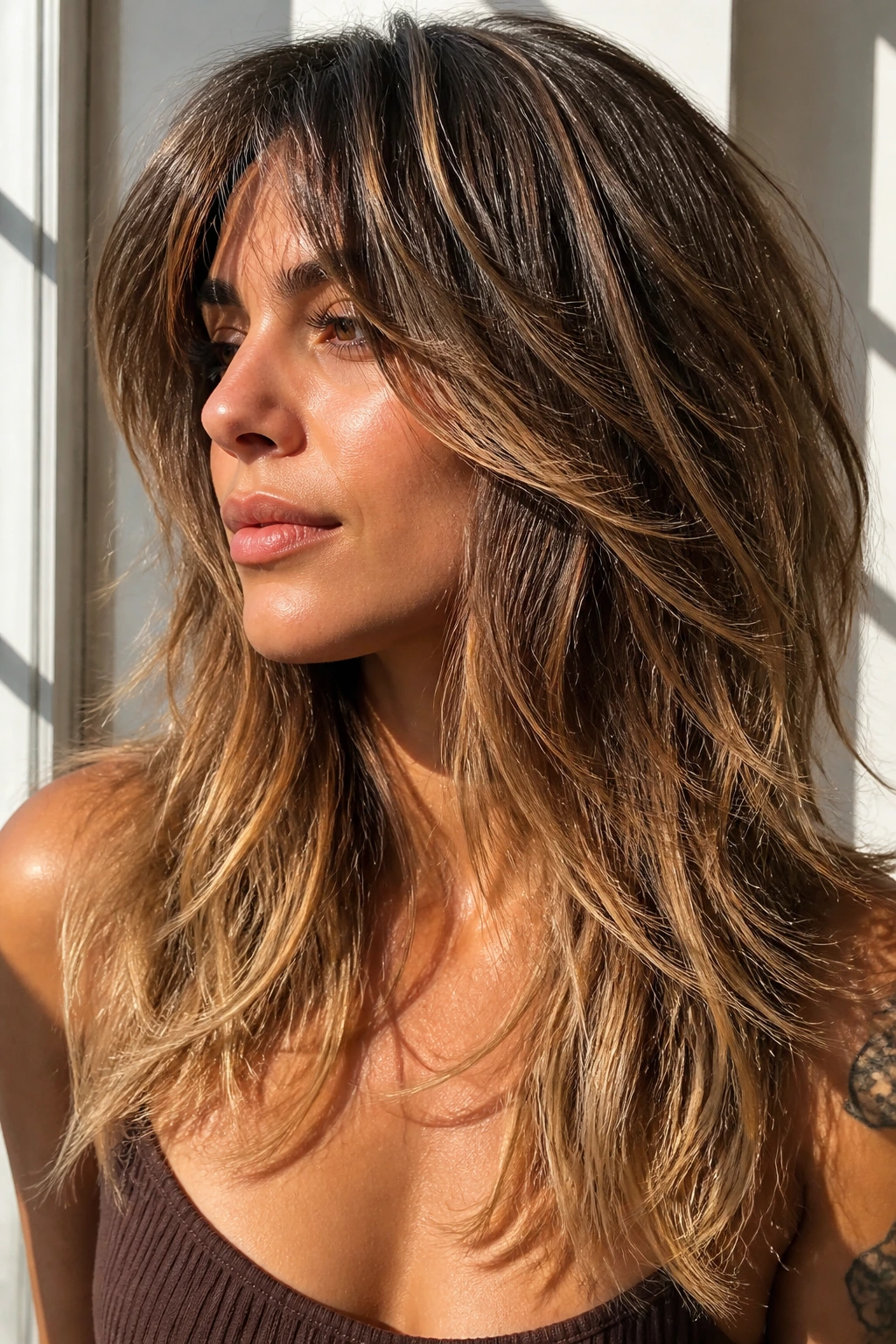 Close-up of a real woman with Sunlit Shag and golden balayage on layered hair by a window