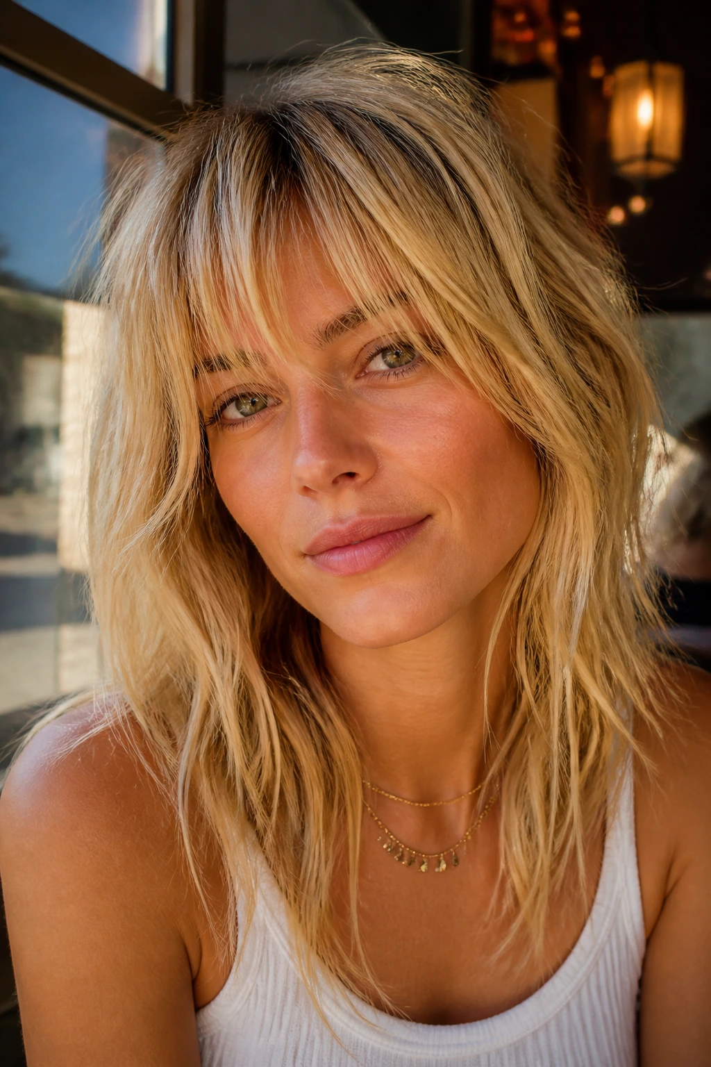 Portrait of a real woman with sunlit shag and fringe in blonde tones.