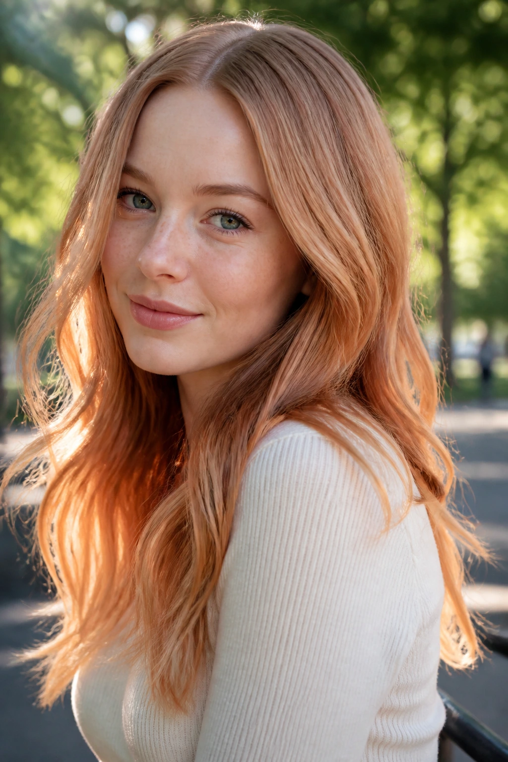 Portrait of a person with sunlit strawberry ombré hair in natural light
