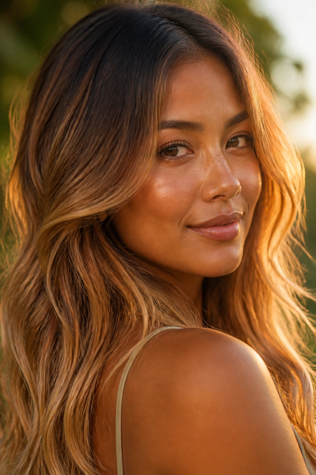 Close-up of real woman with sunlit strawberry ombre on long hair